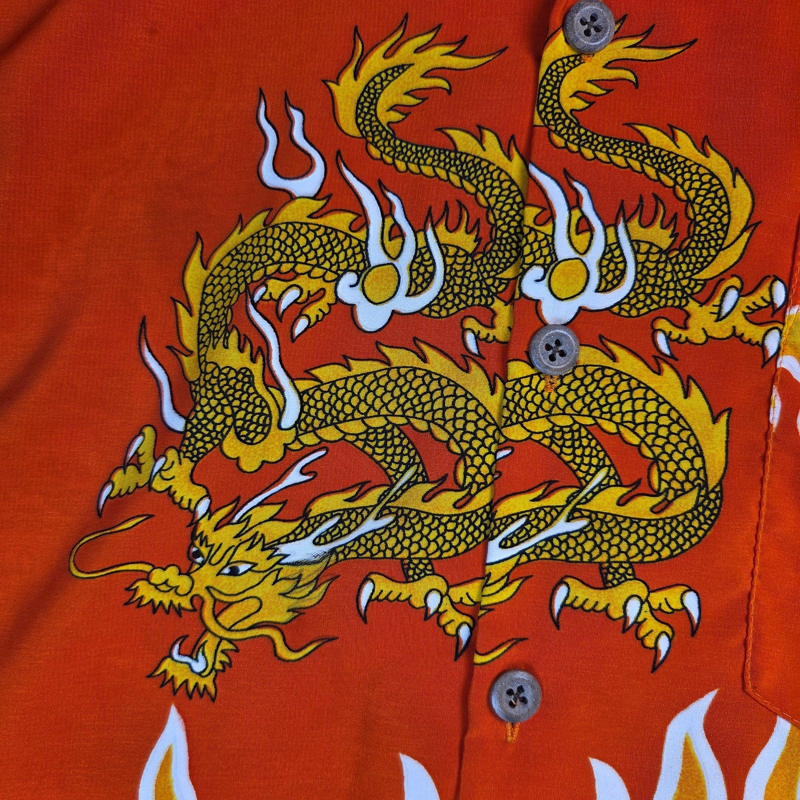 Uluwatu Dragon Flame Rayon Hawaiian Camp Shirt Mens Large Orange Y2K Top
