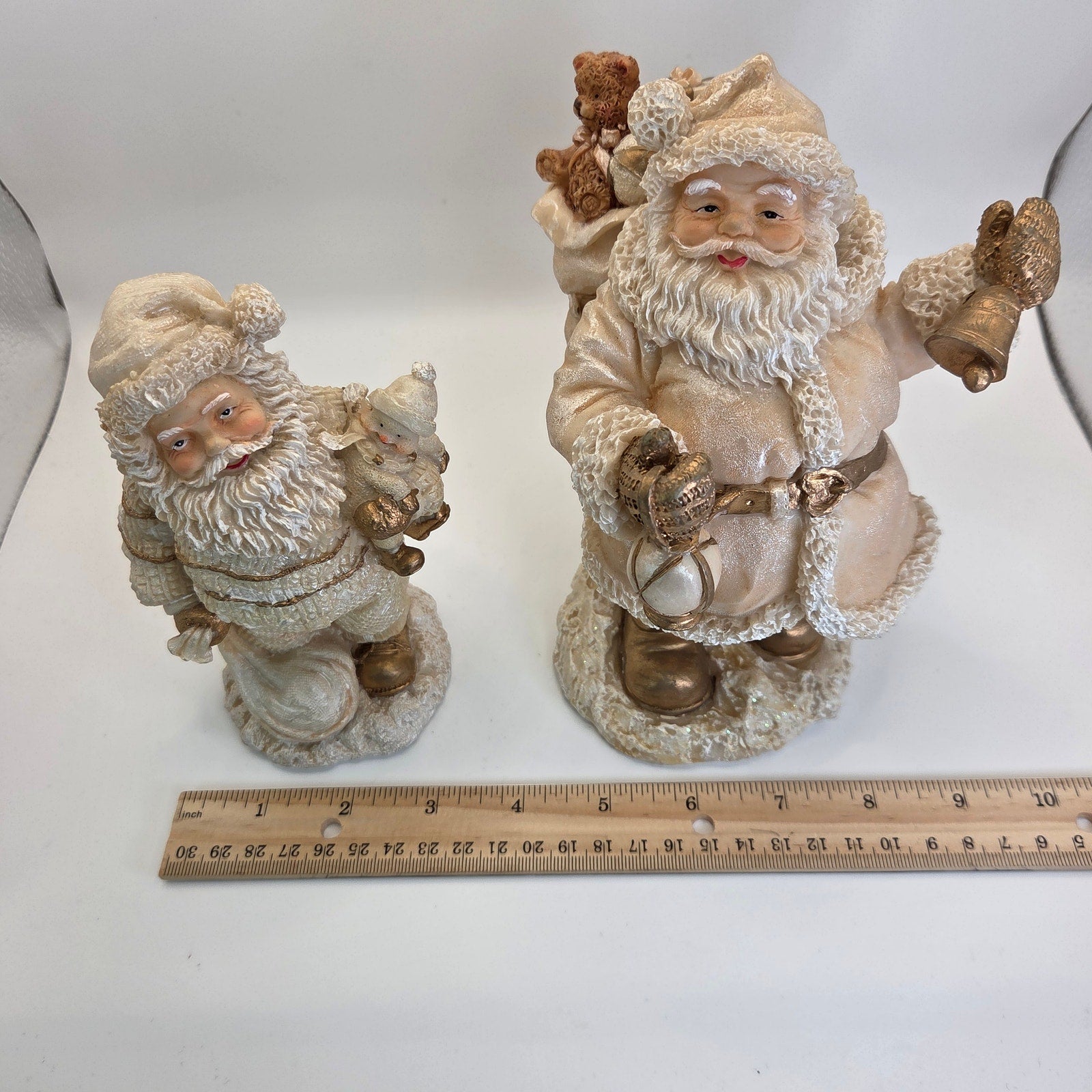 Lot of 2 White Santa Claus Figurines – Gold & Cream Christmas Holiday Decor