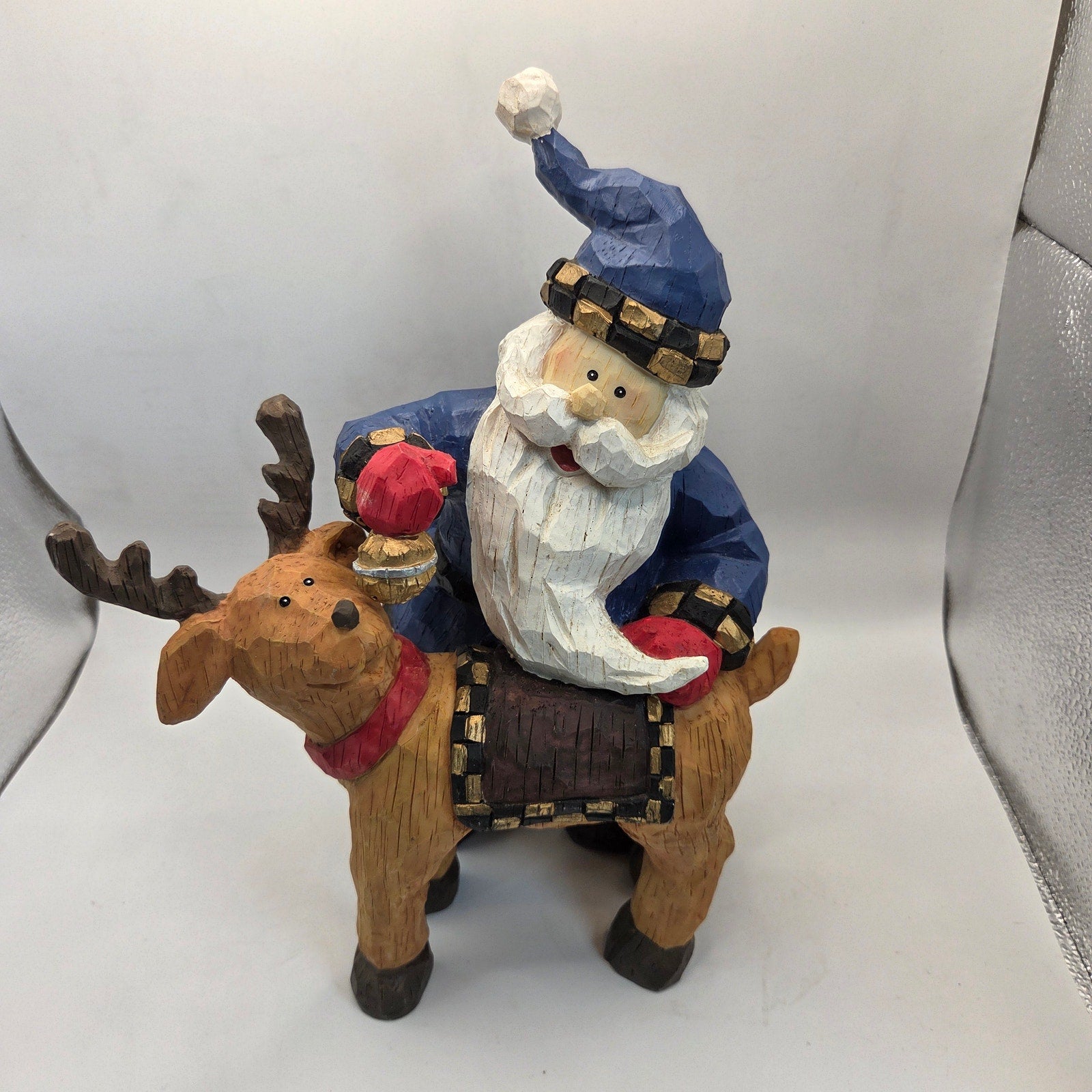 Blue Coat Santa Riding Reindeer Figurine Resin Christmas Decor 11”