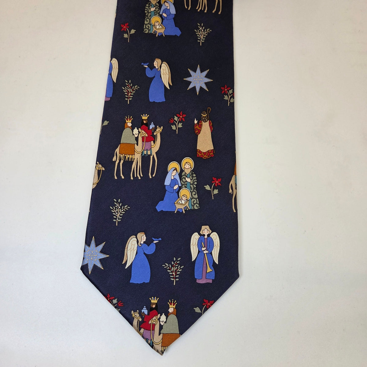 John Ashford Nativity Christmas Silk Tie Angels Wise Men Blue Handmade