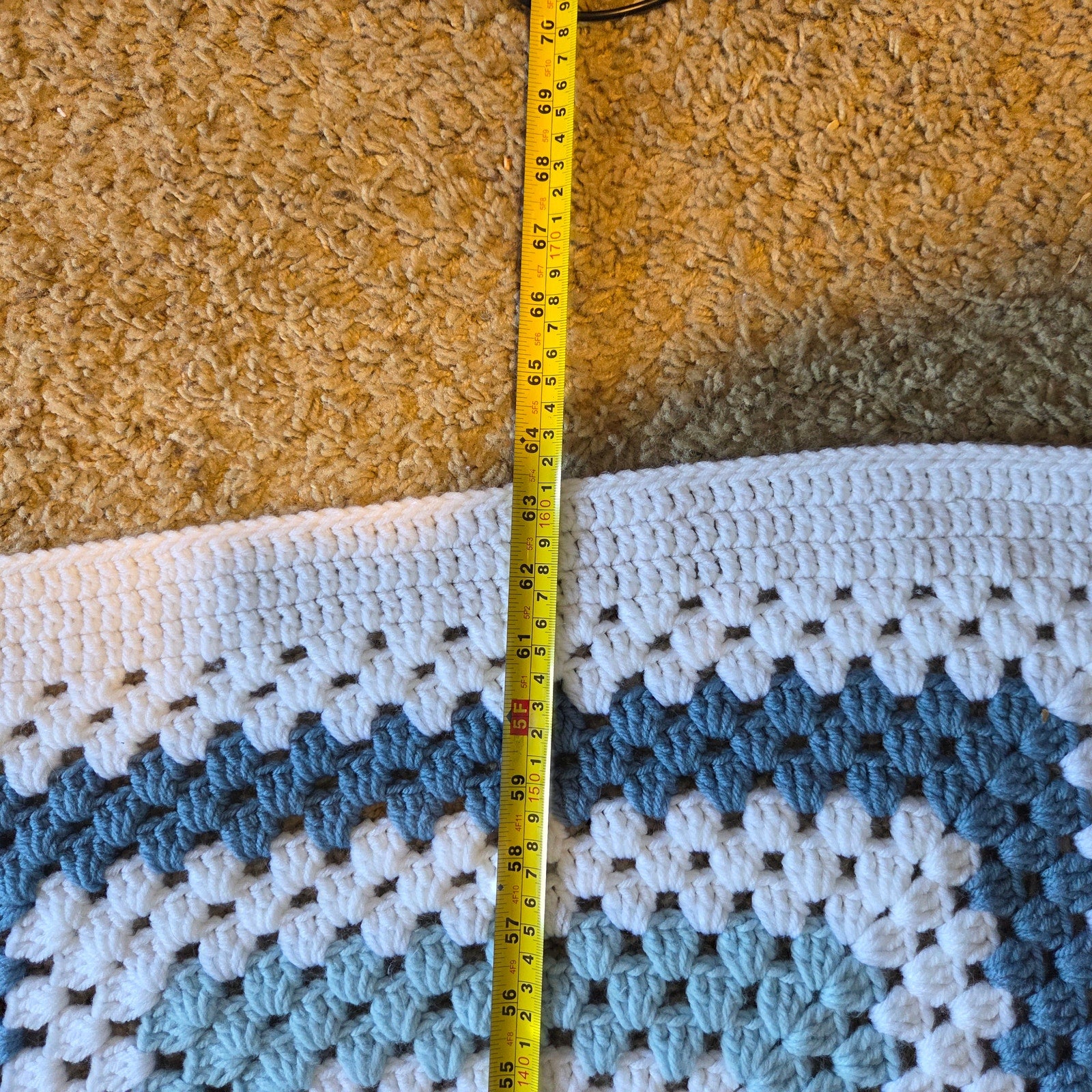Handmade Blue White Crochet Granny Square Afghan Blanket 88x63