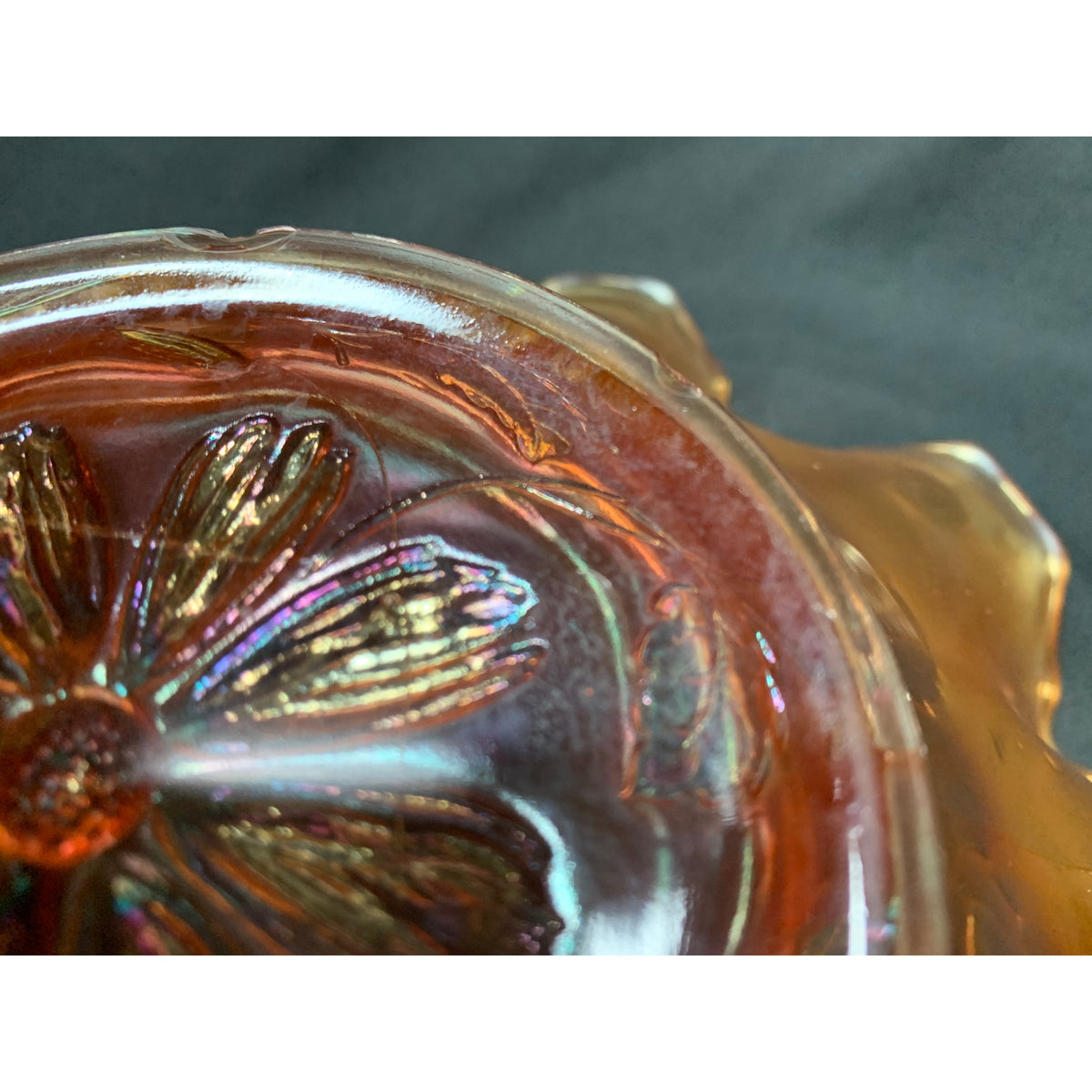 Antique Dugan Cosmos Variant Marigold Carnival Glass Ruffled Bowl 1910s