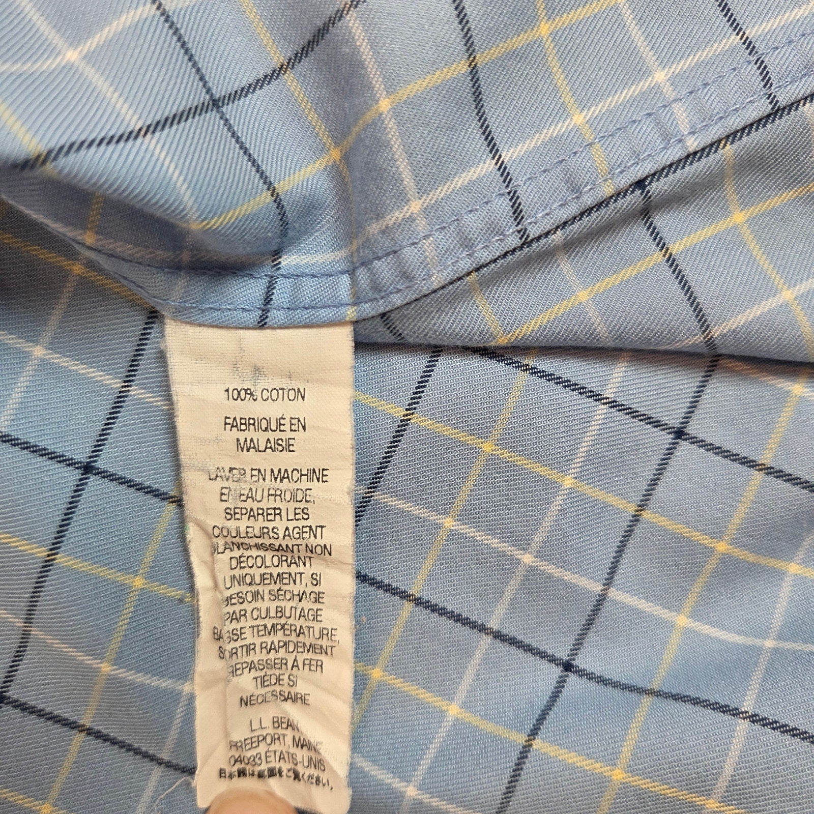 LL Bean Mens L Wrinkle Resistant Short Sleeve Shirt Blue Plaid Cotton Malaysia