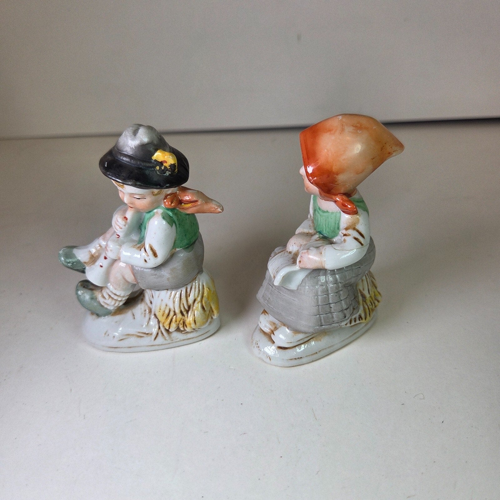 Vintage Japan Boy Playing Flute & Girl Sitting Ceramic Figurines 3.5in Pair