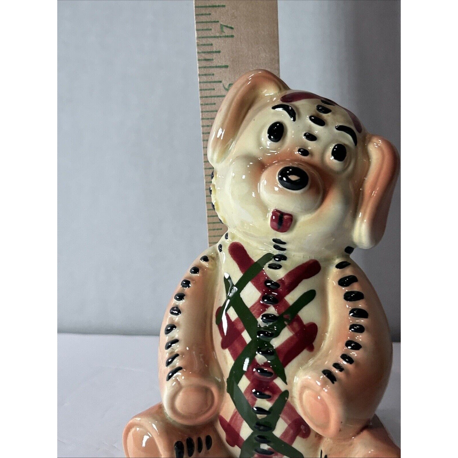 Vintage Patchwork Dog Figurine Hand Painted Ceramic 1950s 1960s Folk Art
