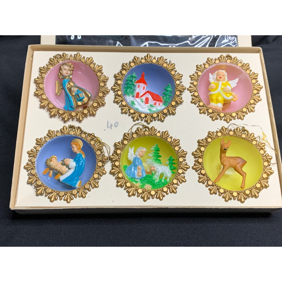 Vintage Western Germany Diorama Christmas Ornaments Set of 6 Boxed 1950s