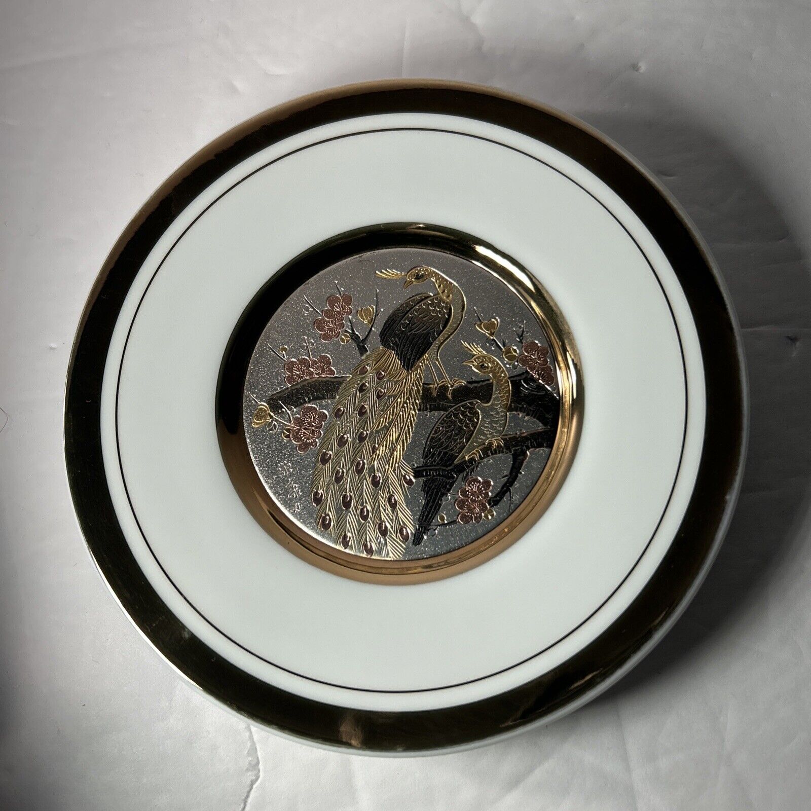 Art of Chokin Plate 24Kt Gold Edged Peacocks 6" Porcelain