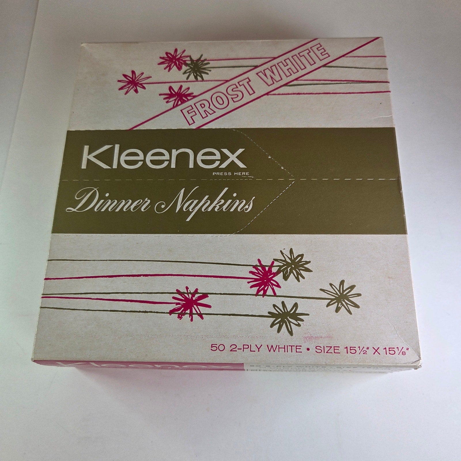 Vintage 1960 Kleenex Dinner Napkins Box Frost White 2-Ply 50ct Retro Unused NOS