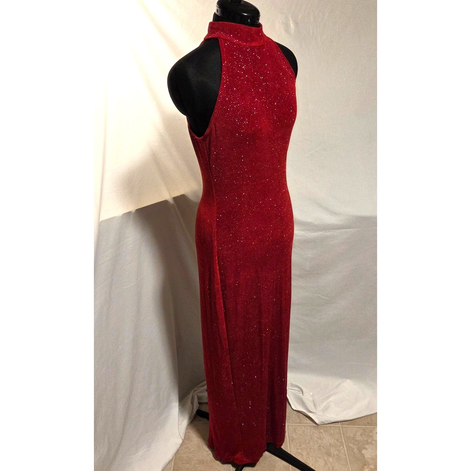 Roberta Evening Gown L Red Rhinestone Halter Formal Dress USA Style 72729
