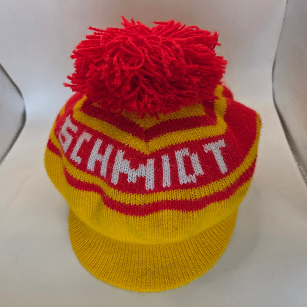 Vintage Schmidt Beer Knit Visor Stocking Cap Pom Pom Winter Breweriana
