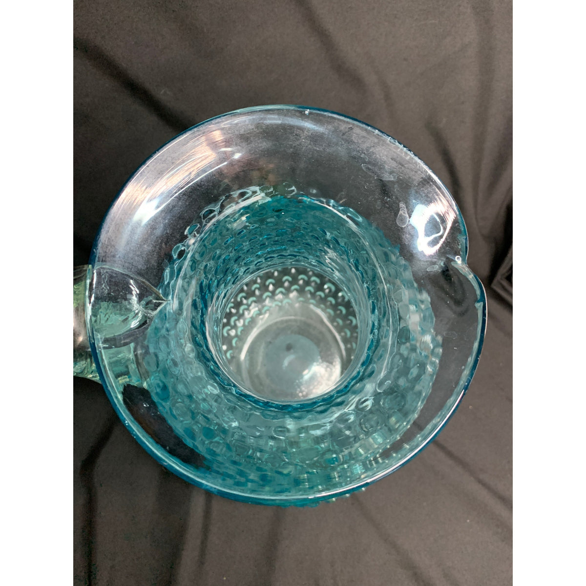 Large Aqua Blue Hobnail Glass Pitcher Clear Applied Handle Heavy Art Glass