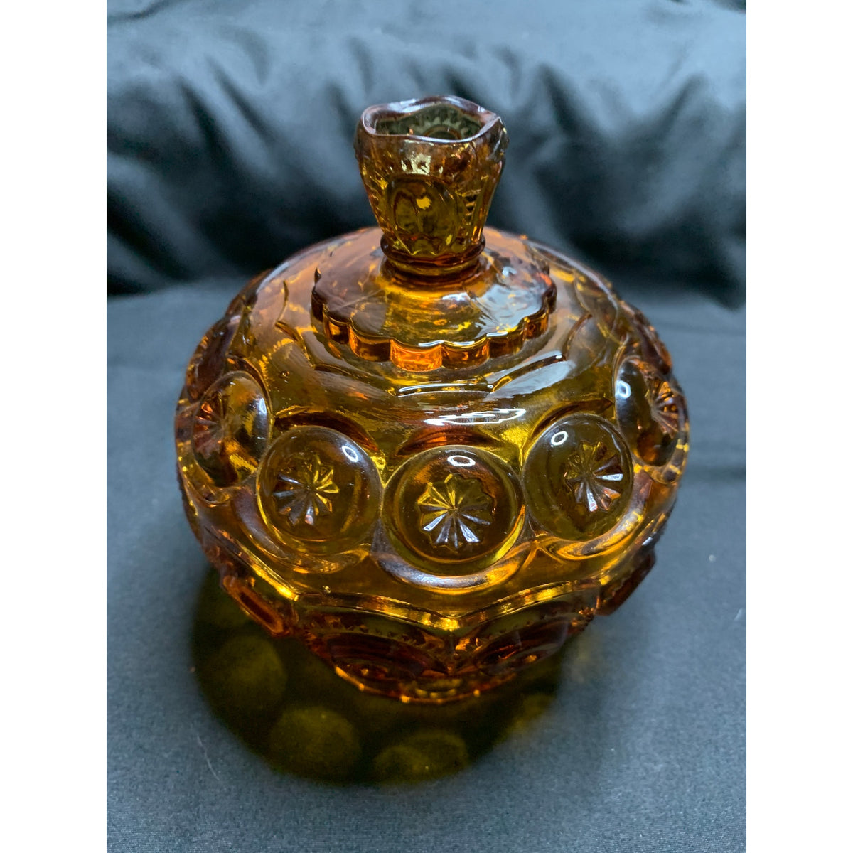 Vintage L.E. Smith Moon & Stars Amber Glass Covered Candy Dish Compote