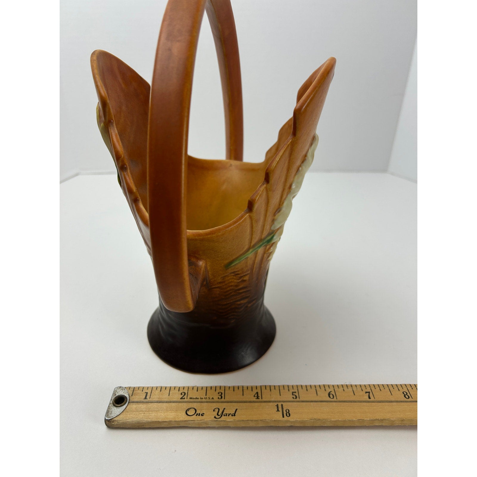 Vintage Roseville Pottery Freesia Shape 392-10 Basket Vase Brown Handle Repair