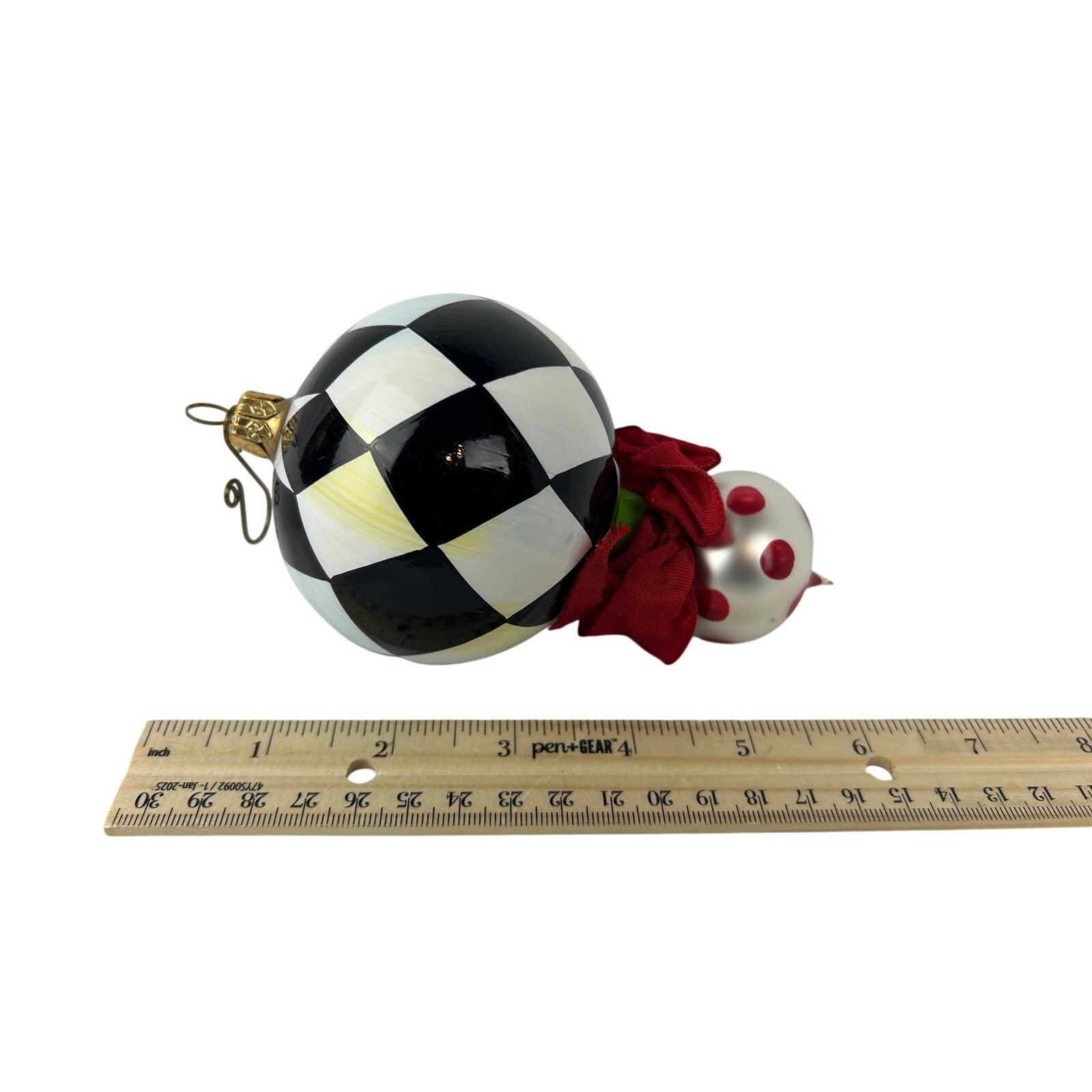 MacKenzie Childs Courtly Check Glass Ball Ornament Polka Dot Finial