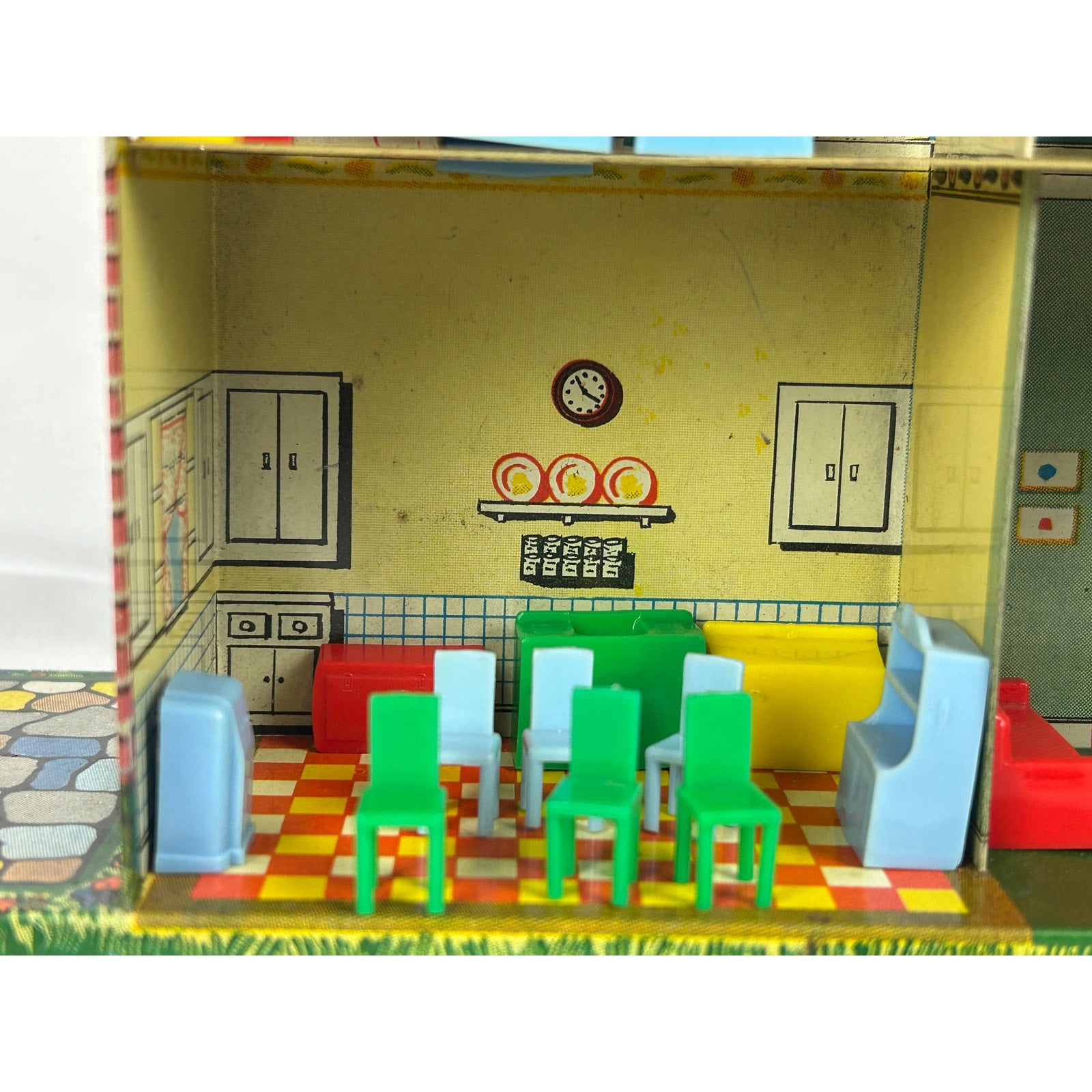 Vintage 1950s Ohio Art Midget Manor Dollhouse Tin Litho With Most Furniture