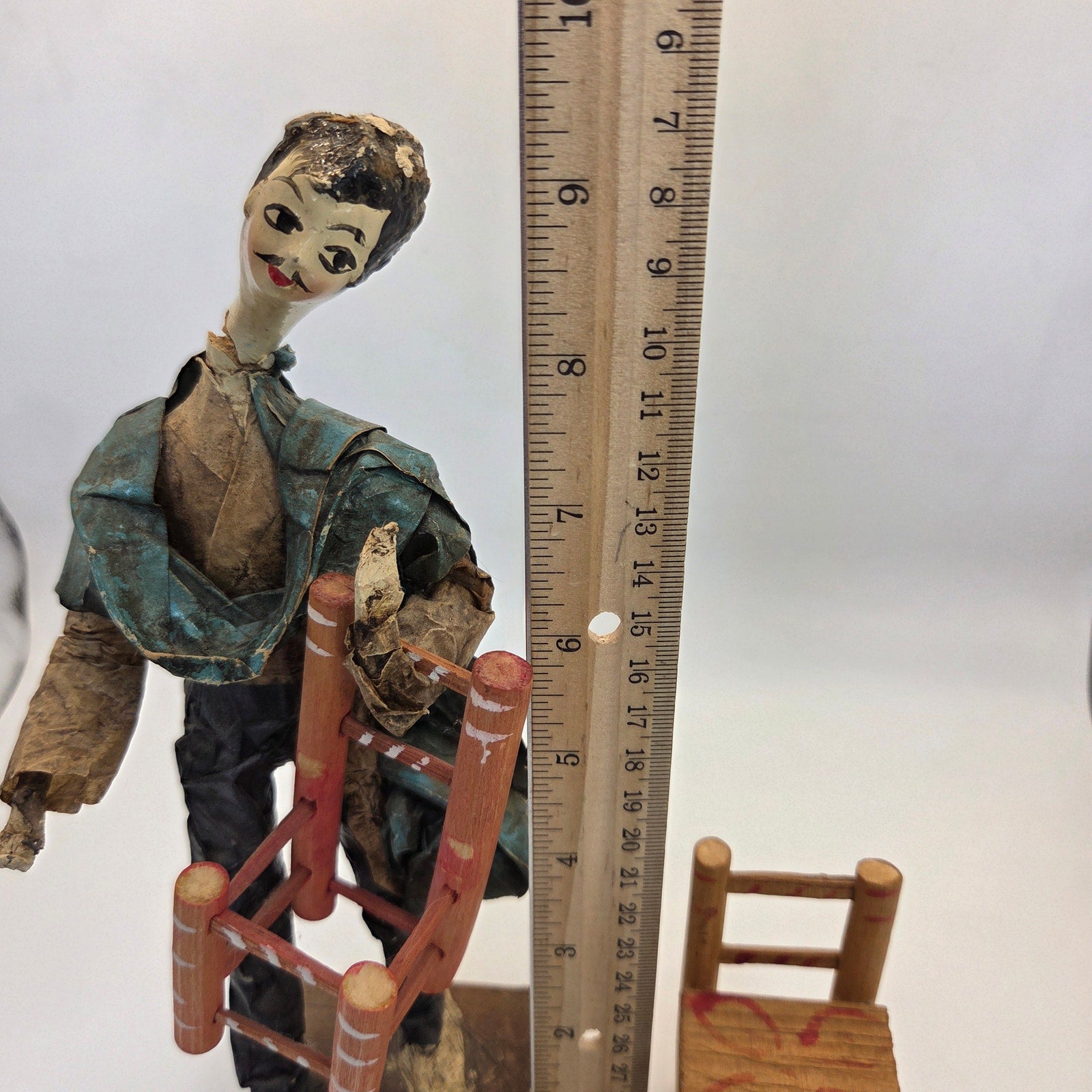 Vintage 1970s Mexican Papier Mache Folk Art Figure w/ Balancing Chairs 9"