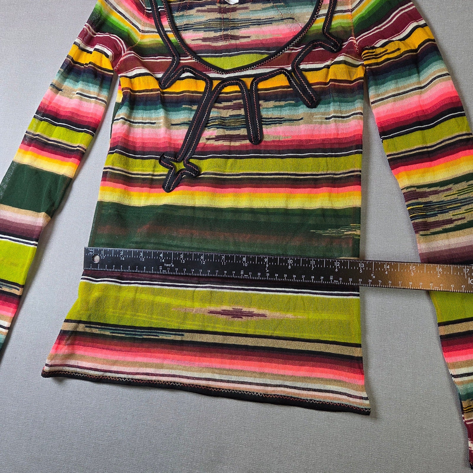 Jean Paul Gaultier Soleil Fuzzi Mesh Top Vintage Y2K Stripe Italy M Long Sleeve