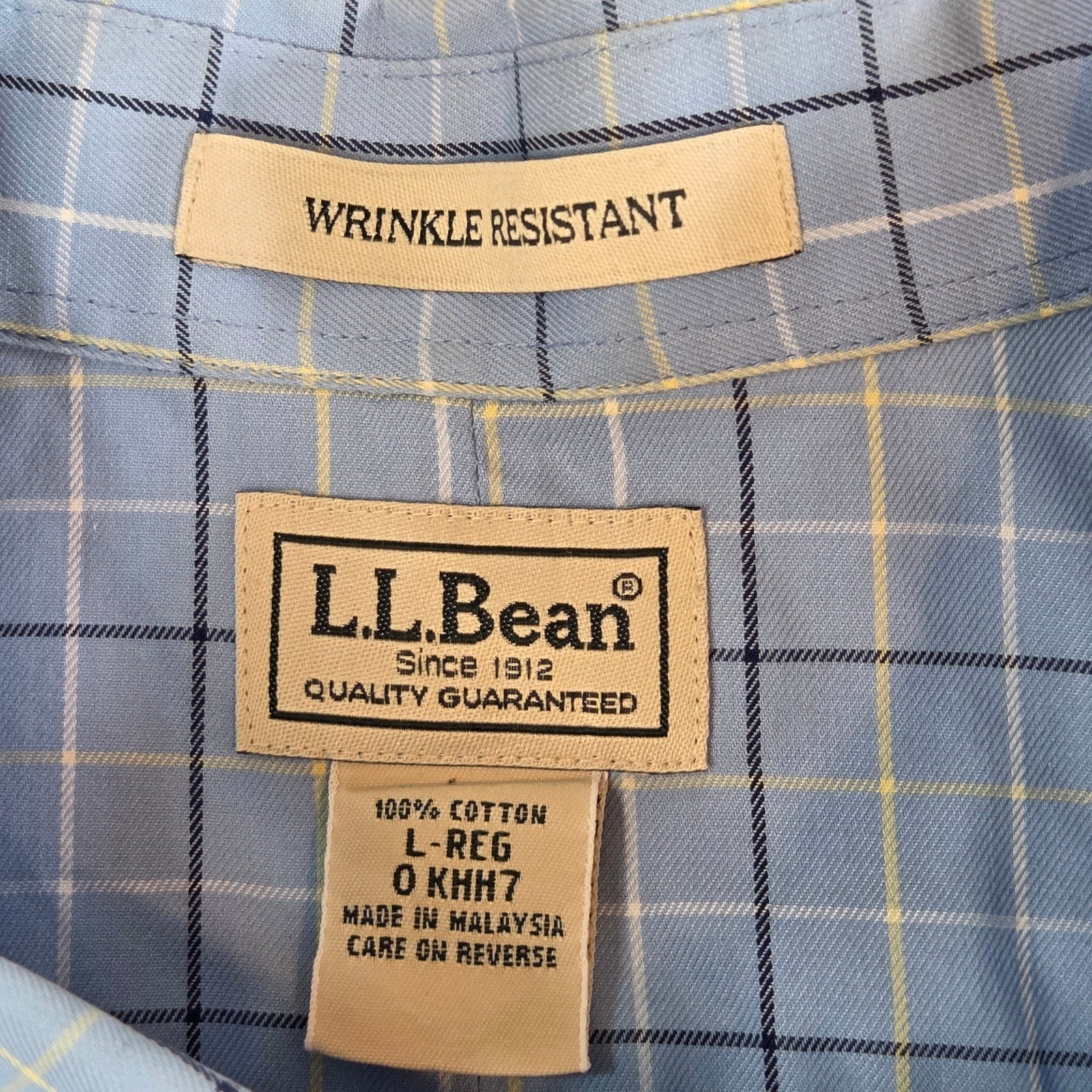 LL Bean Mens L Wrinkle Resistant Short Sleeve Shirt Blue Plaid Cotton Malaysia