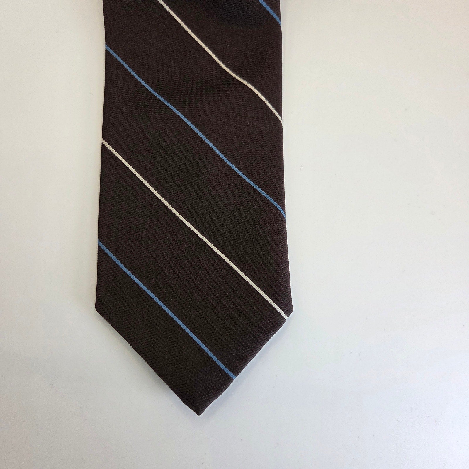 Vintage 1970s Cavalier Brown Blue Stripe Polyester Tie 3” Made USA