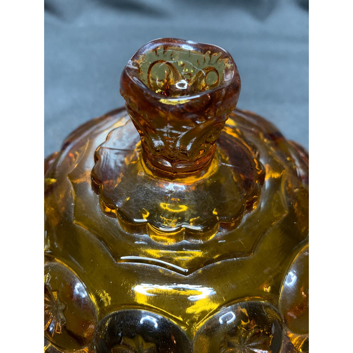 Vintage L.E. Smith Moon & Stars Amber Glass Covered Candy Dish Compote