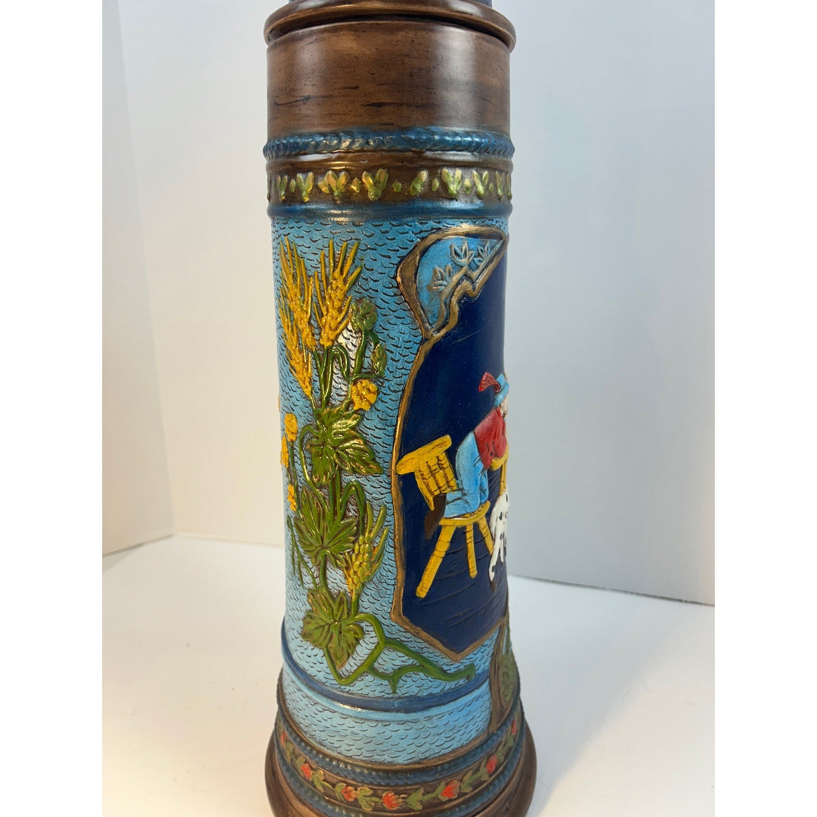 German Beer Stein Dancing Couple Relief Lidded Ceramic Tall Collectible
