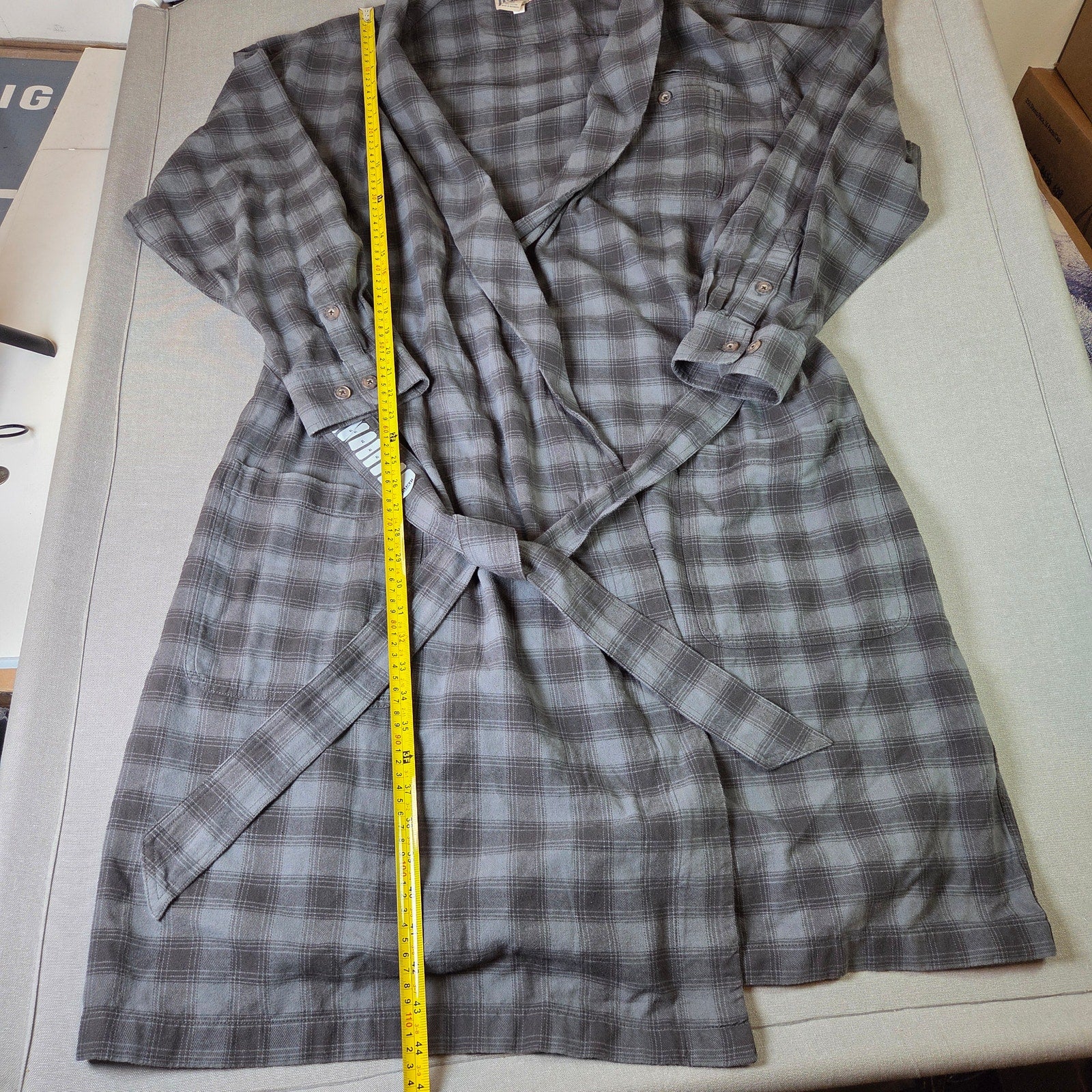 Duluth Trading Co Plaid Flannel Robe XL 100% Cotton Gray Belted