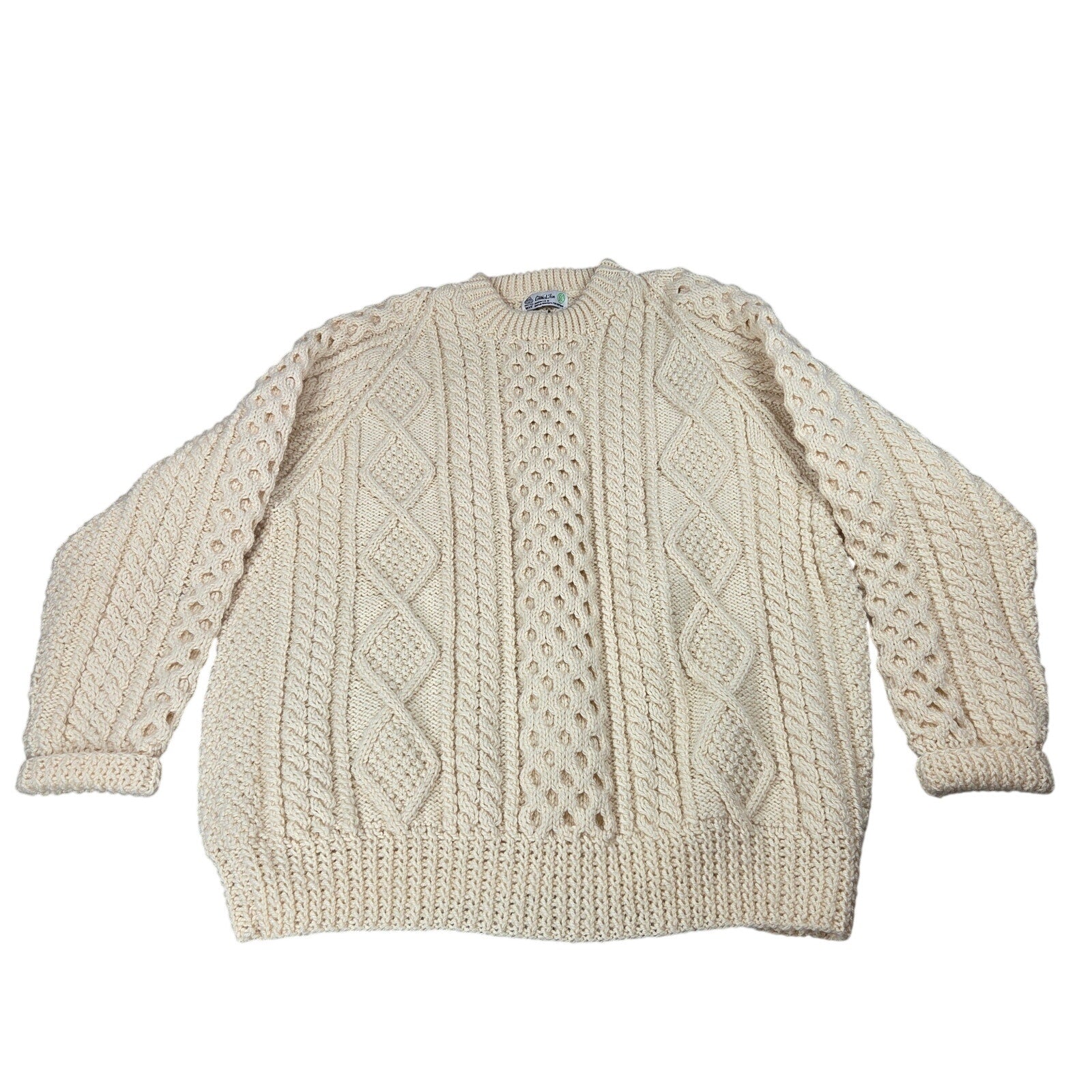 Carrick Fin Irish Aran Fisherman Sweater Wool Hand Knit Donegal XL Cream