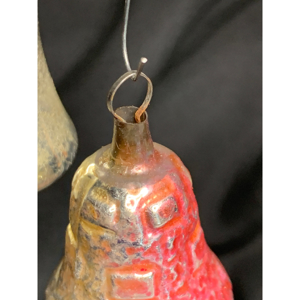 Vintage Glass Christmas Bell Ornaments Lot of 2 Red Silver Molded Embossed