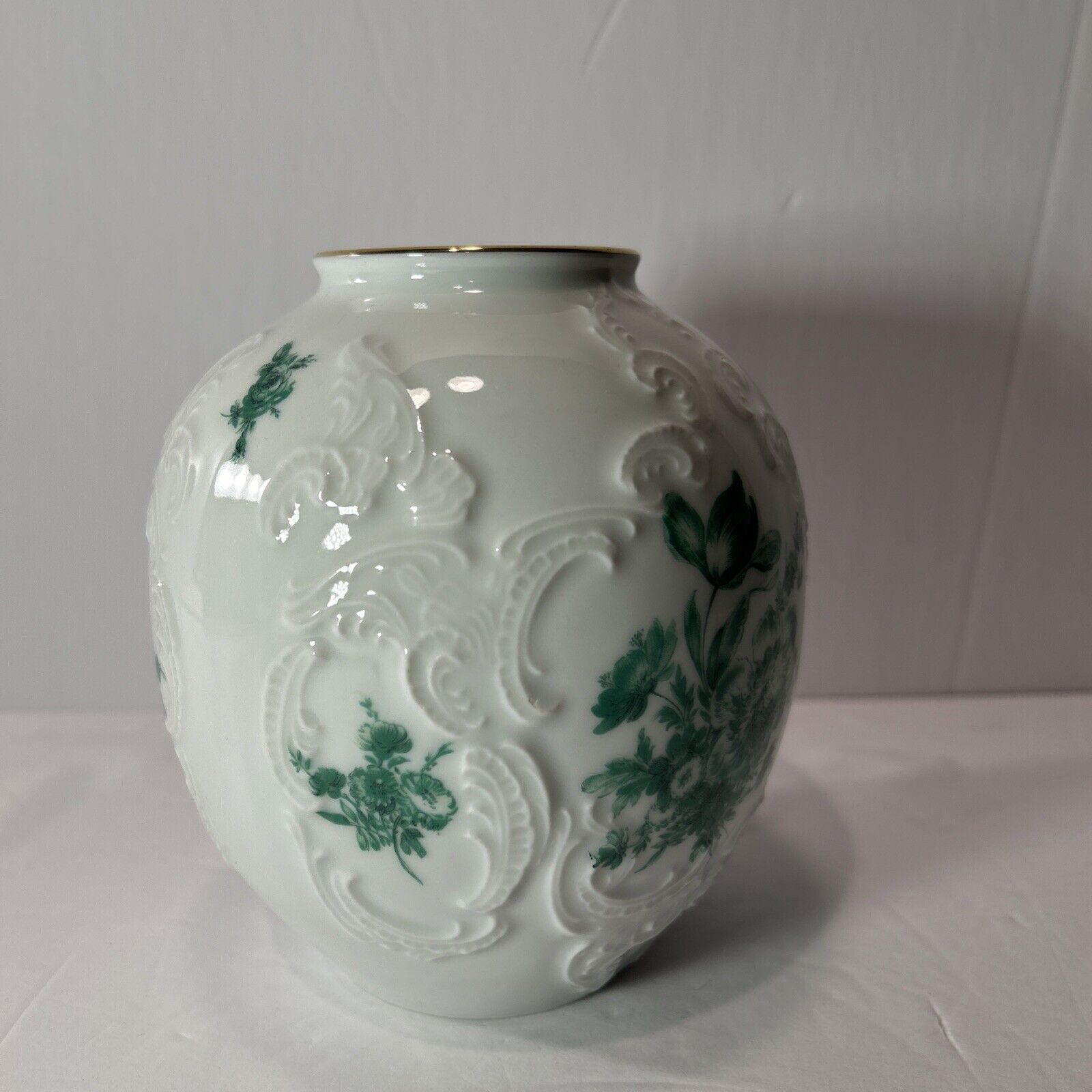 Vintage KPM Bavaria Royal Porcelain Vase Embossed Floral Green Gold Rim Germany