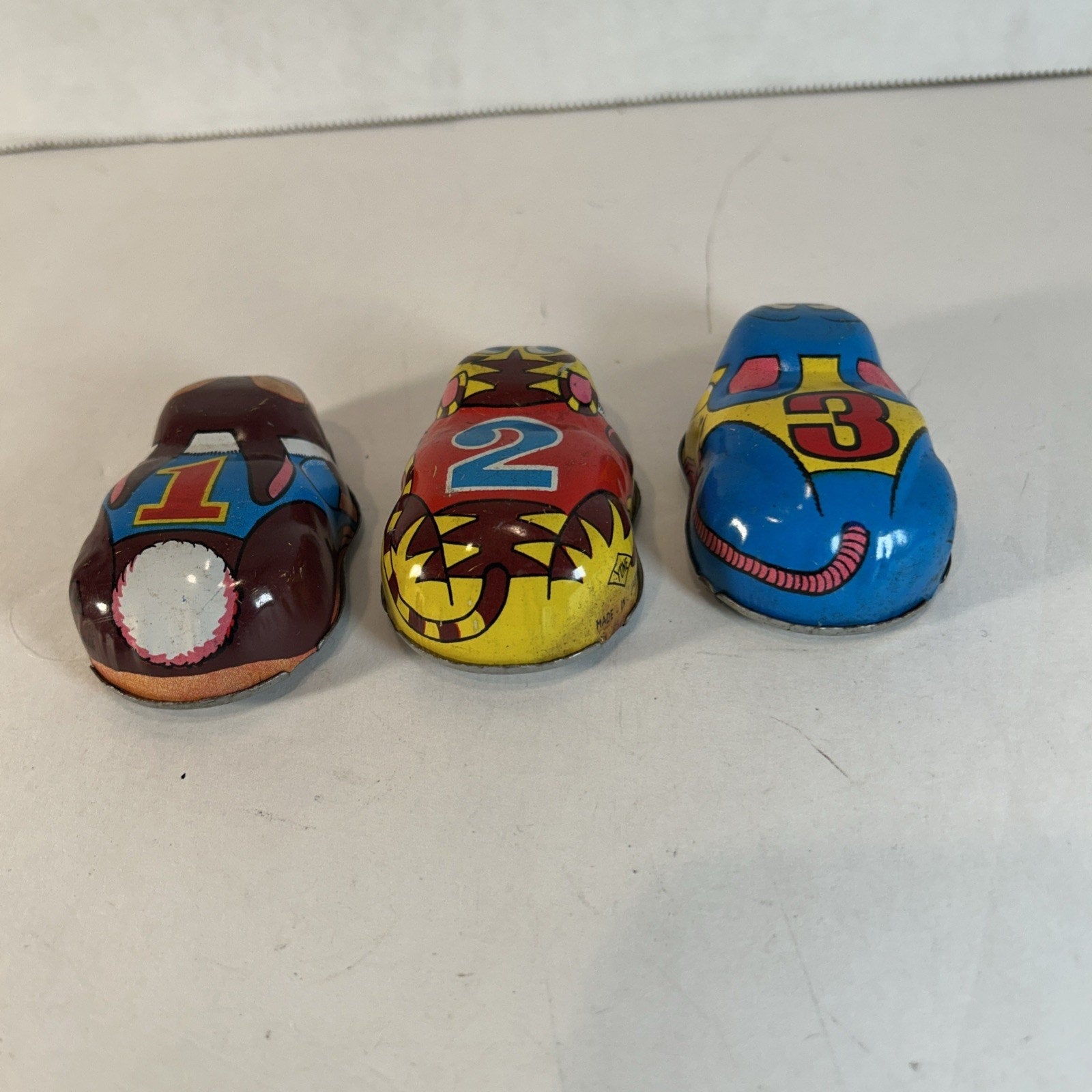 Vintage Yoone Japan Tin Friction Racers Set of 3 Rabbit Tiger Mouse 1950s–70s