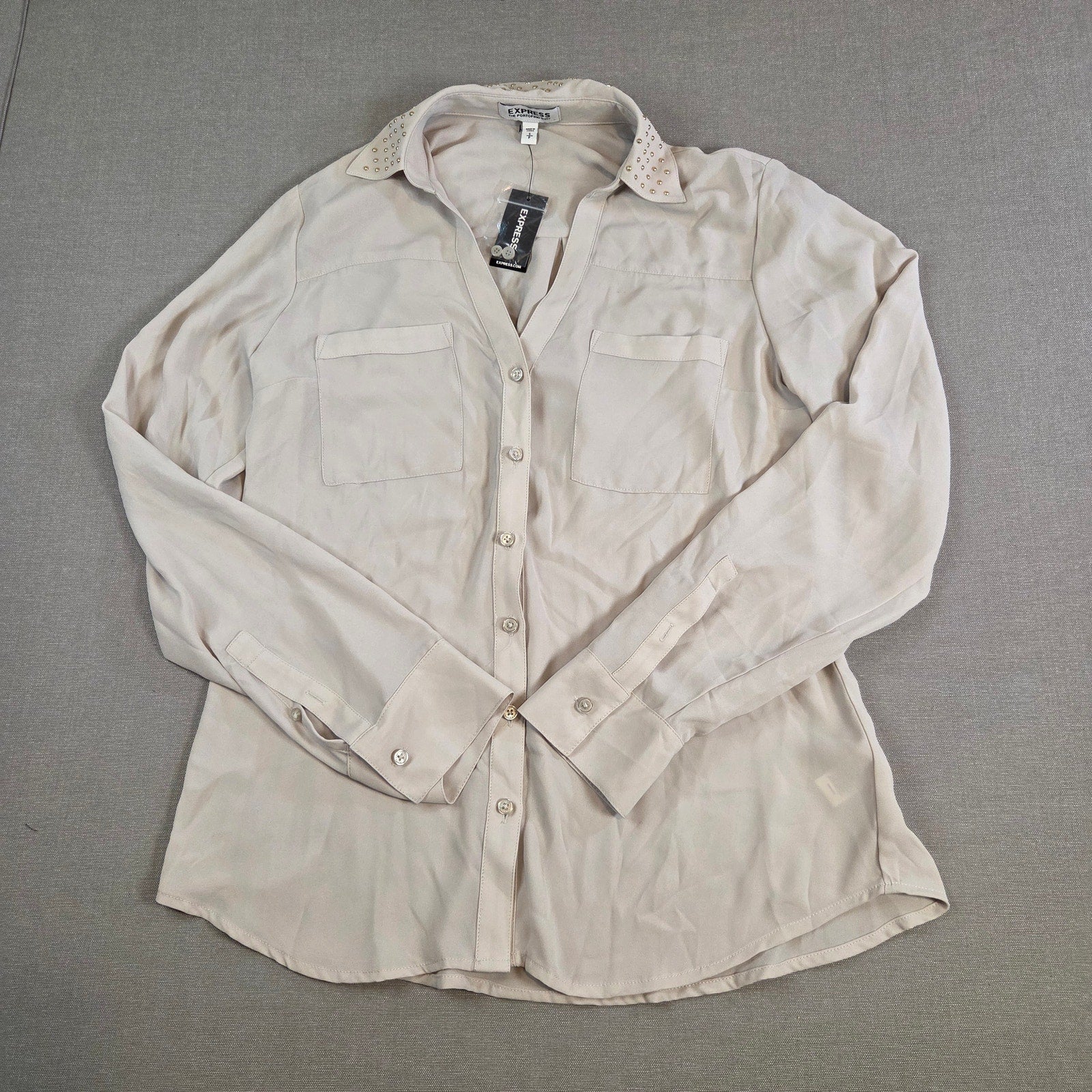 Express Portofino Blouse Women’s Beige Button Front Shirt Size S NWT