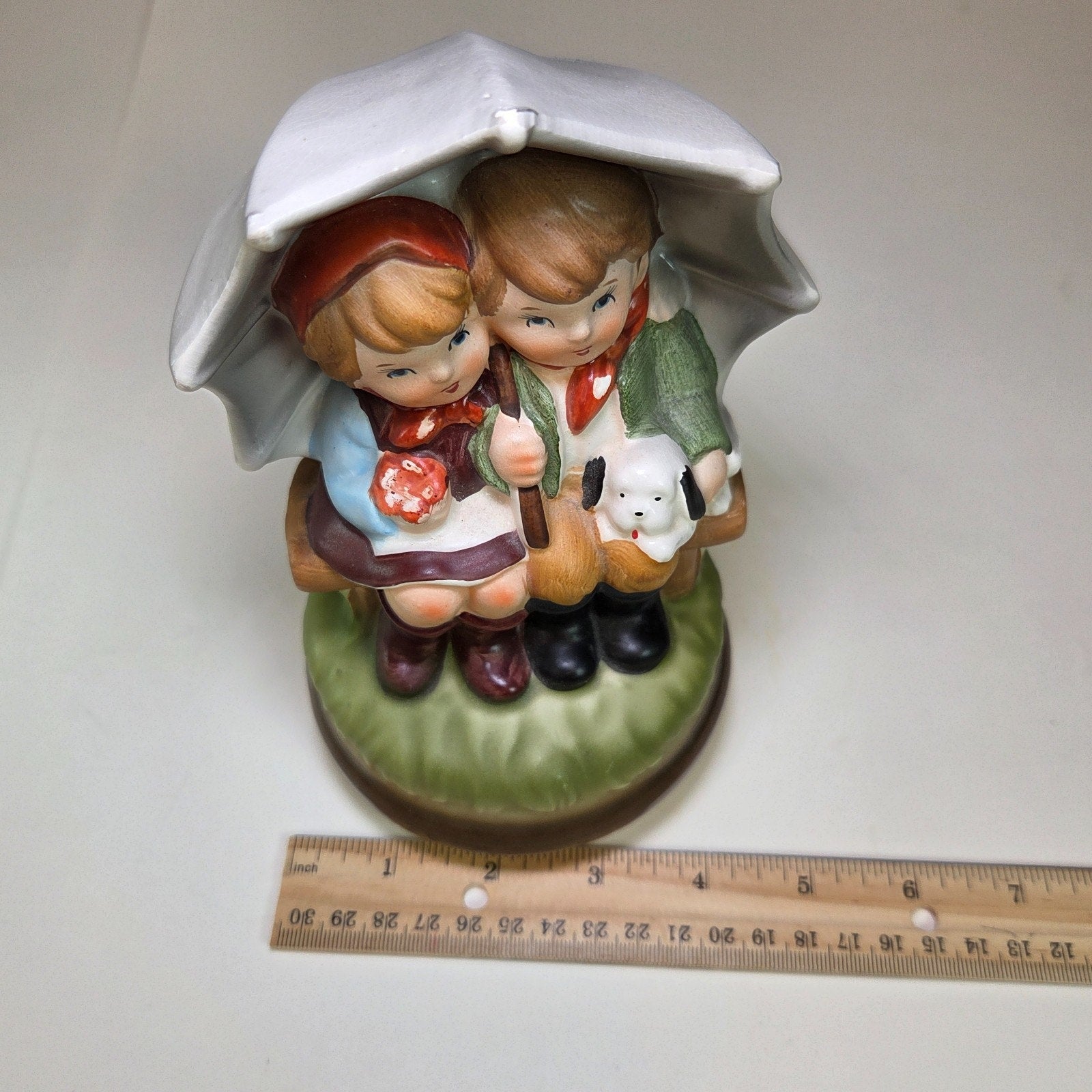 Vintage Japan Raindrops Music Box Figurine Sankyo Style Hummel Kids Dog Works