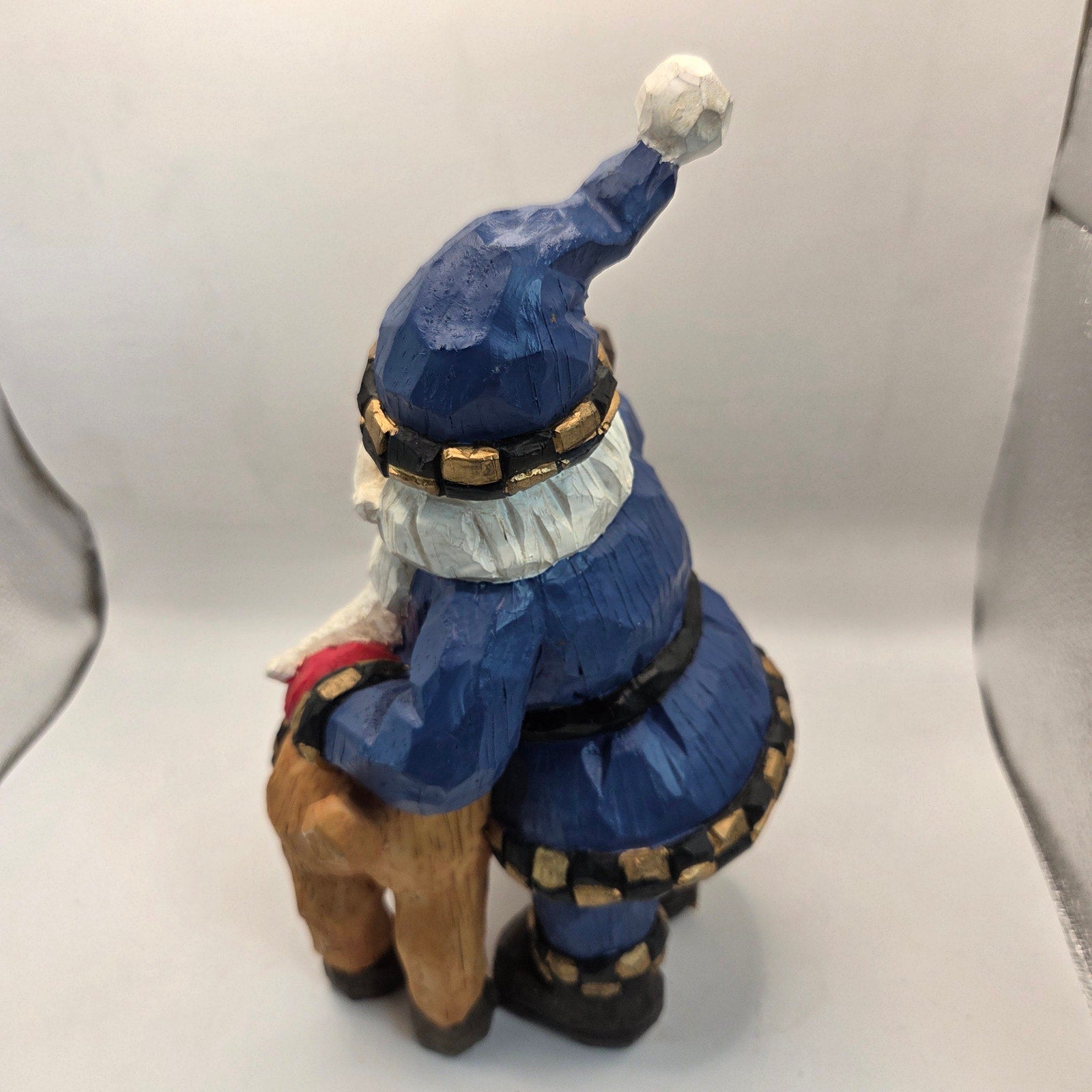 Blue Coat Santa Riding Reindeer Figurine Resin Christmas Decor 11”