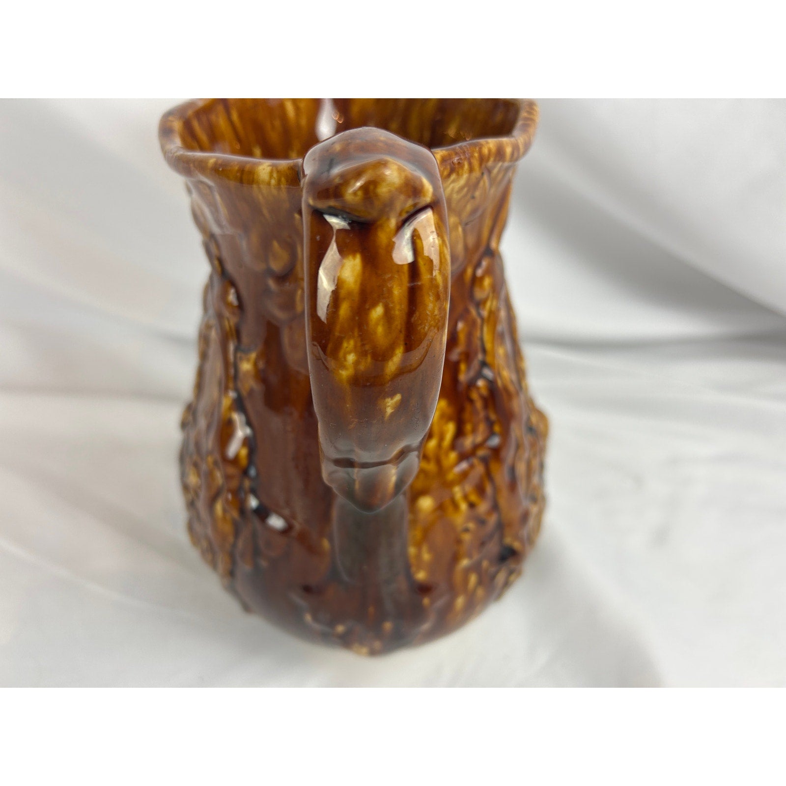 Vintage Rockingham Glaze Pitcher Relief Hunting Scene Dogs Stoneware