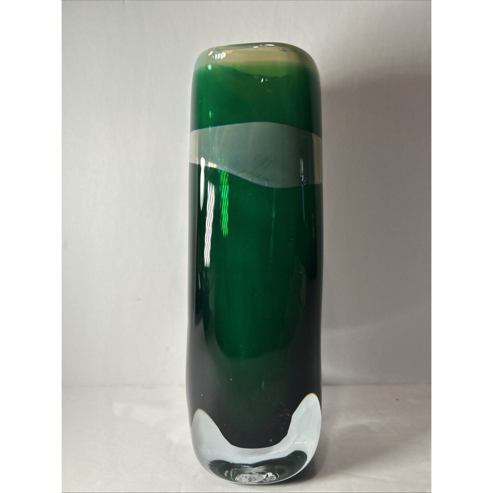 Signed Robert Doring Art Glass Vase Green & Clear Heavy Studio Glass 1990 8.5”