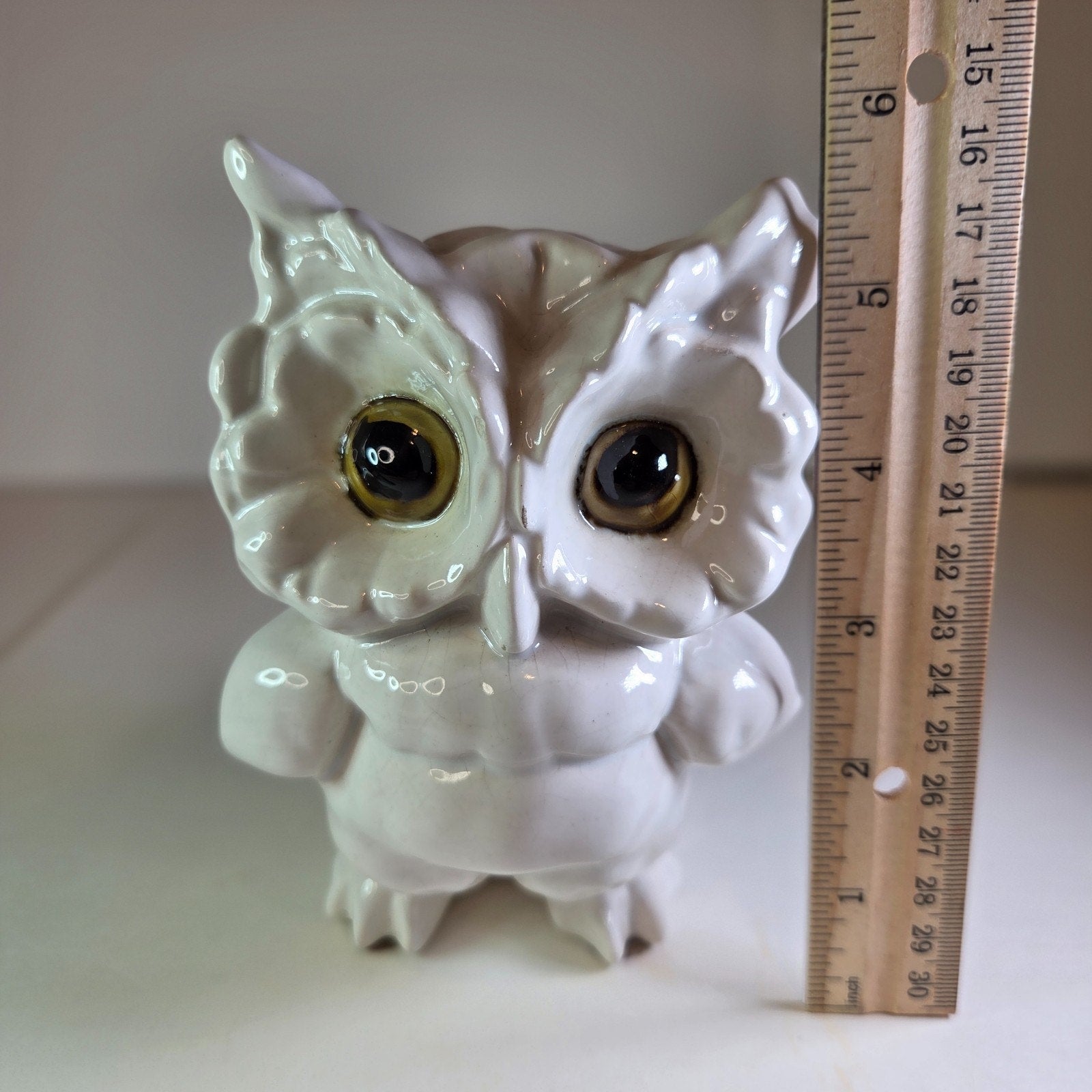 Vintage White Ceramic Owl Figurine Mid-Century Style Big Eyes 5.75" Tall