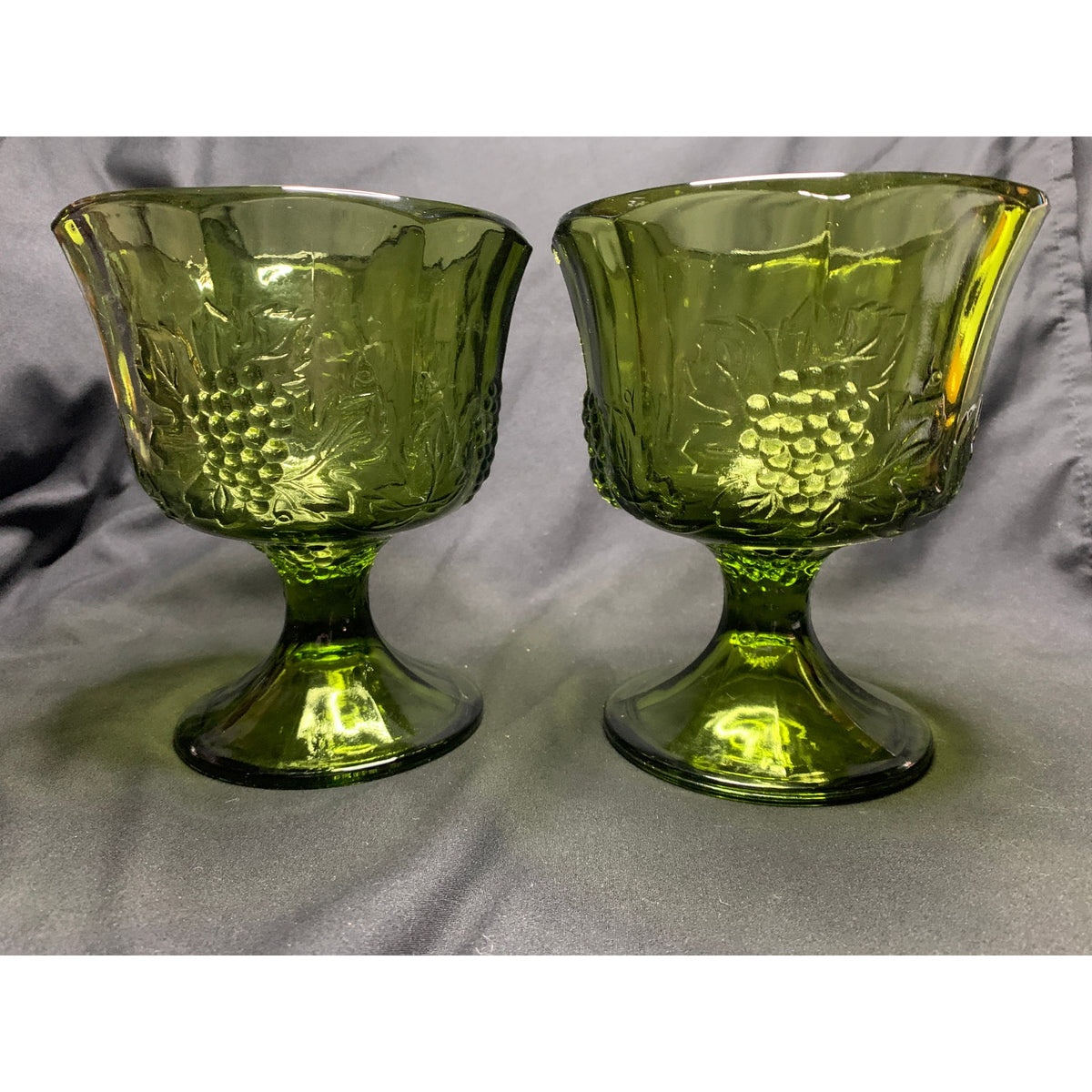 Vintage Indiana Glass Harvest Grape Olive Green Footed Sherbet Bowls Set 2
