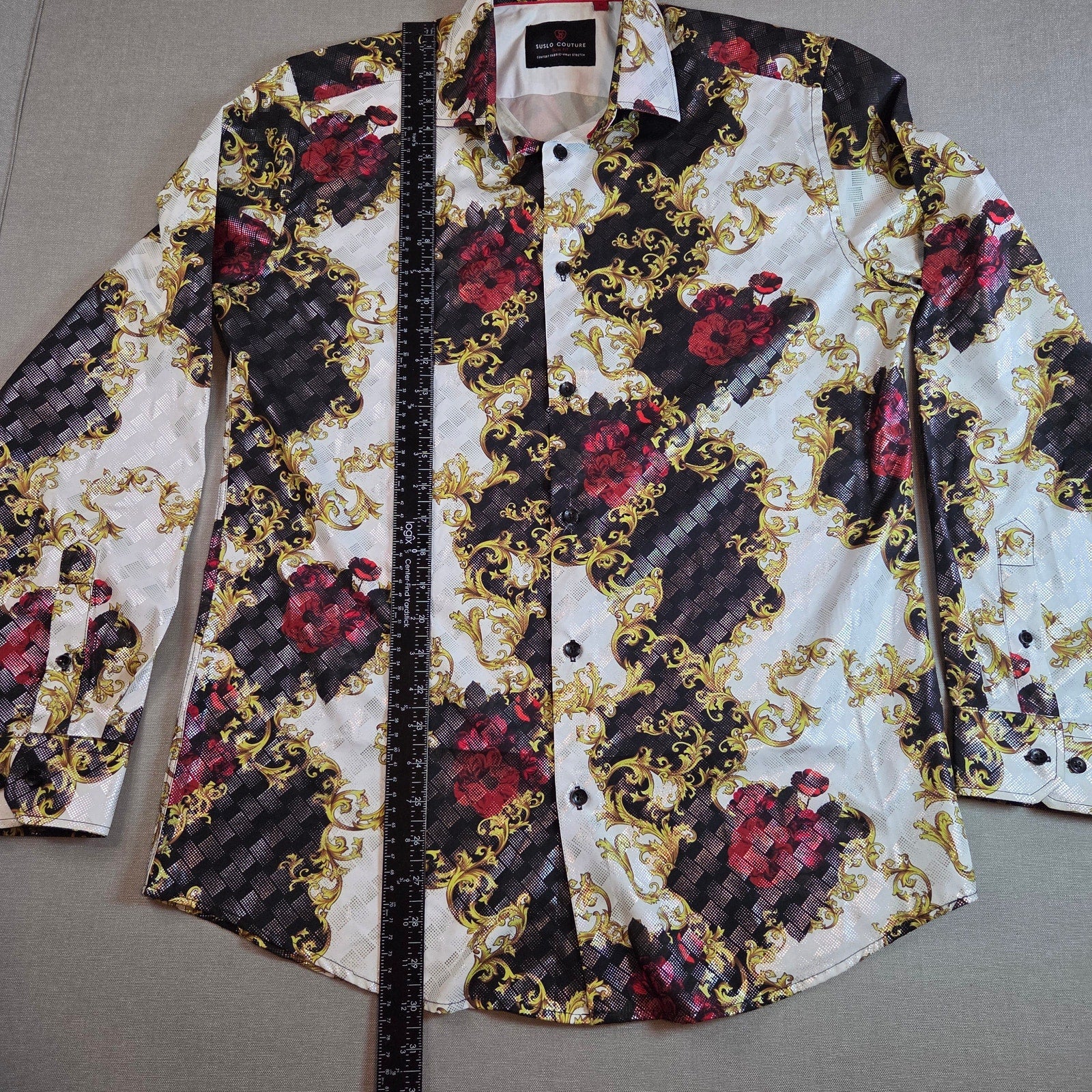 Suslo Couture Slim Fit Button Up Shirt Medium Red Floral Gold Black Print