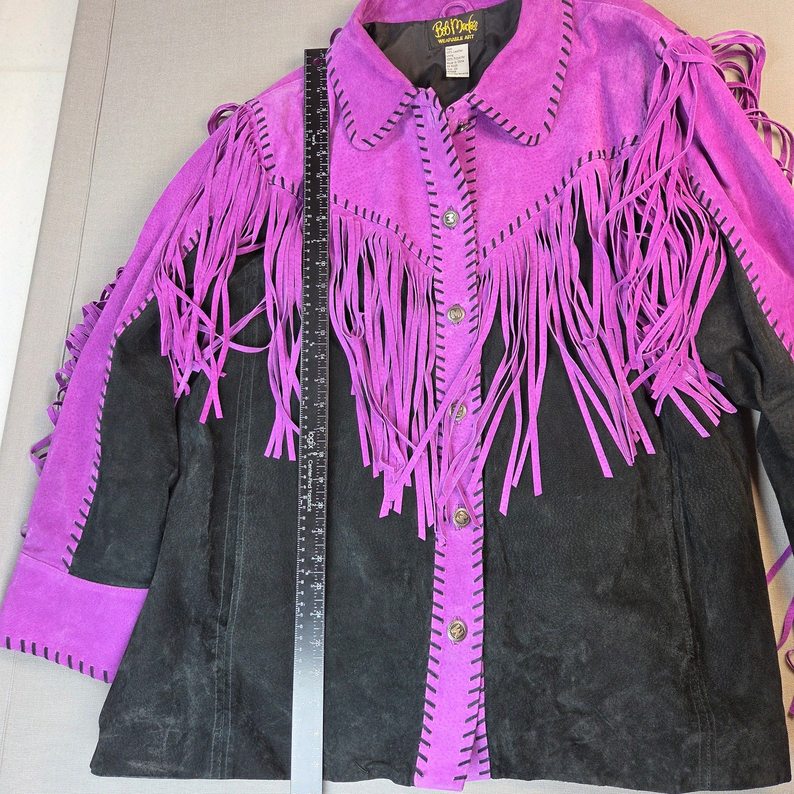 Bob Mackie Wearable Art 2X Leather Fringe Western Jacket Purple Black