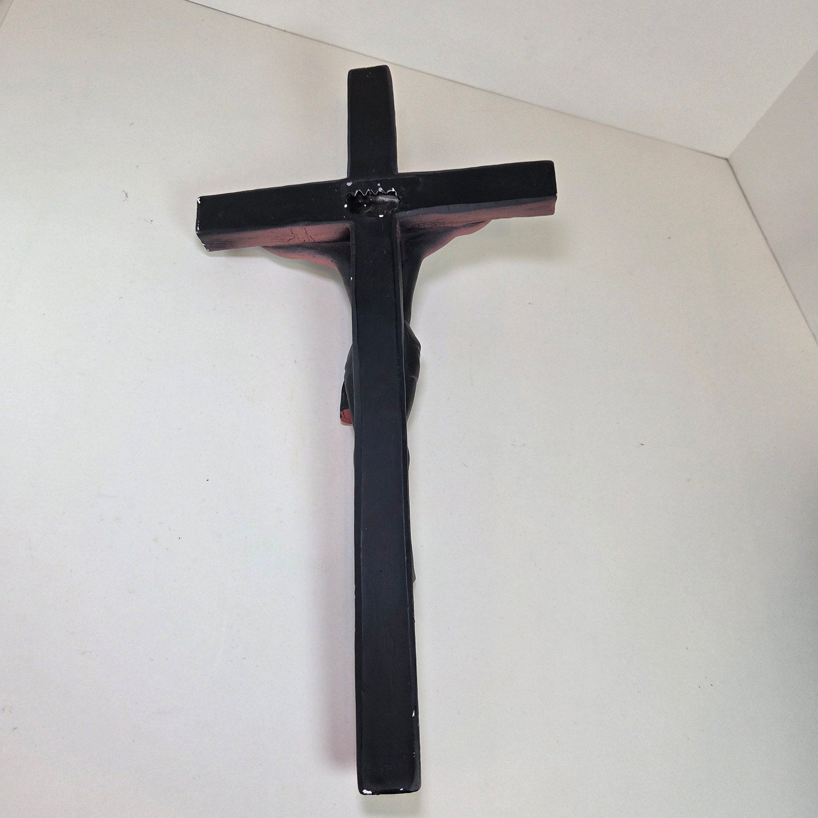 Vintage 15" Resin Crucifix Wall Cross – Pink & Blue Gradient Jesus Figure, INRI