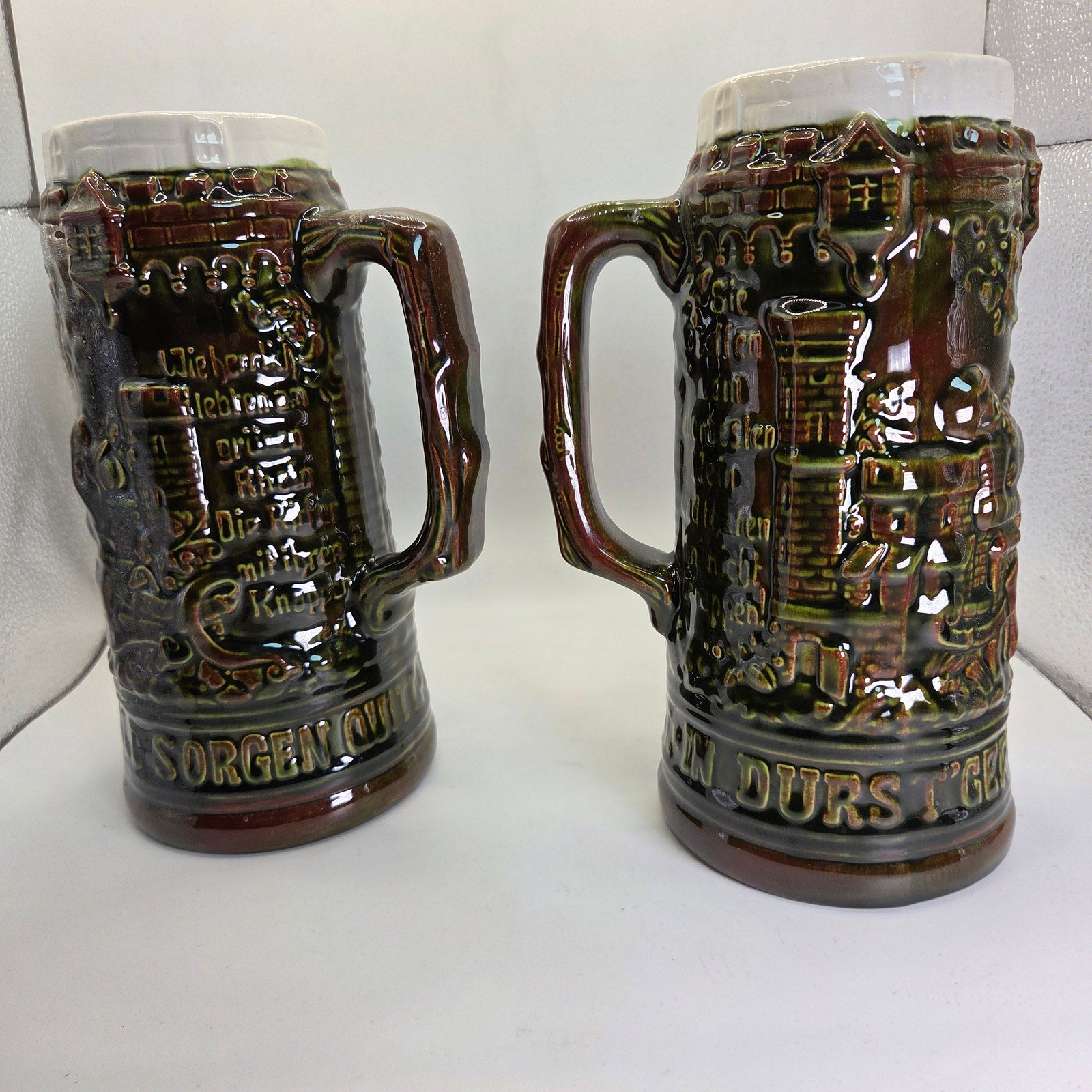 Vintage German Style Beer Steins Pair Signed “Sam :)” 8.5” Brown Glaze