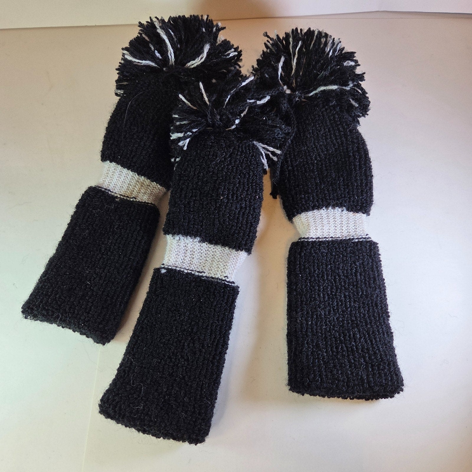 Vintage Knit Golf Club Headcovers Set 1 3 X Black White Pom Pom Wool