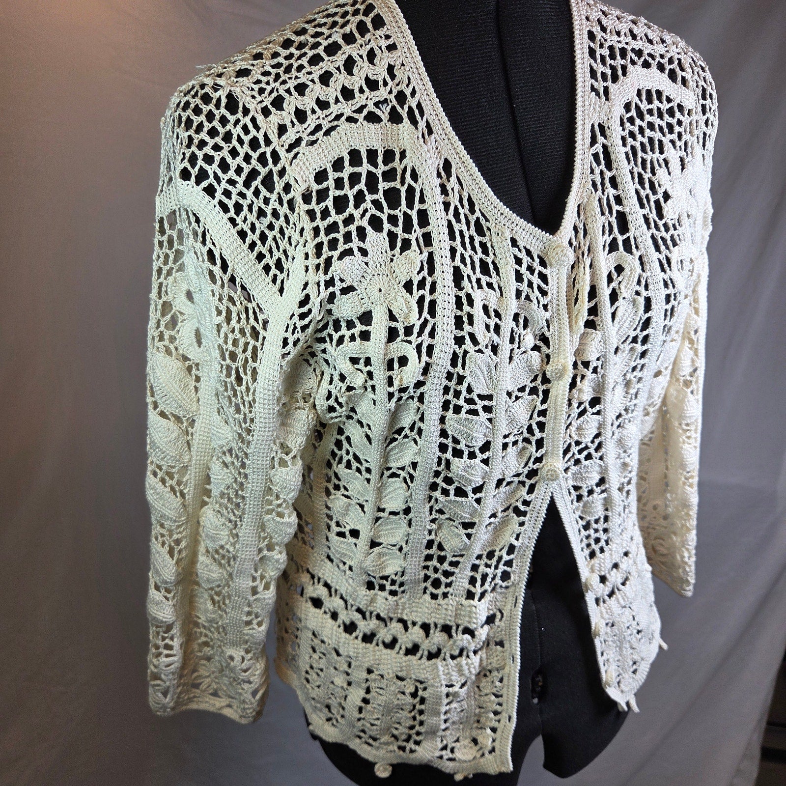 Unbranded Crochet Lace Cardigan Open Knit Floral Button Front Sweater