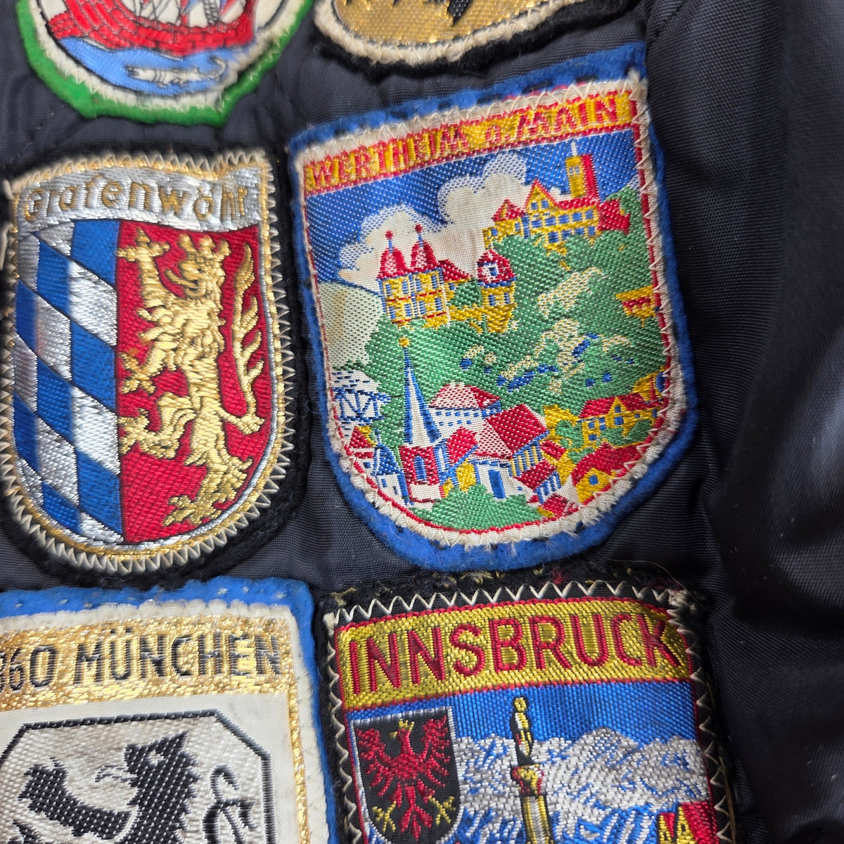 Vintage 60s Brent Montgomery Ward Quilted Jacket European Travel Patches Talon