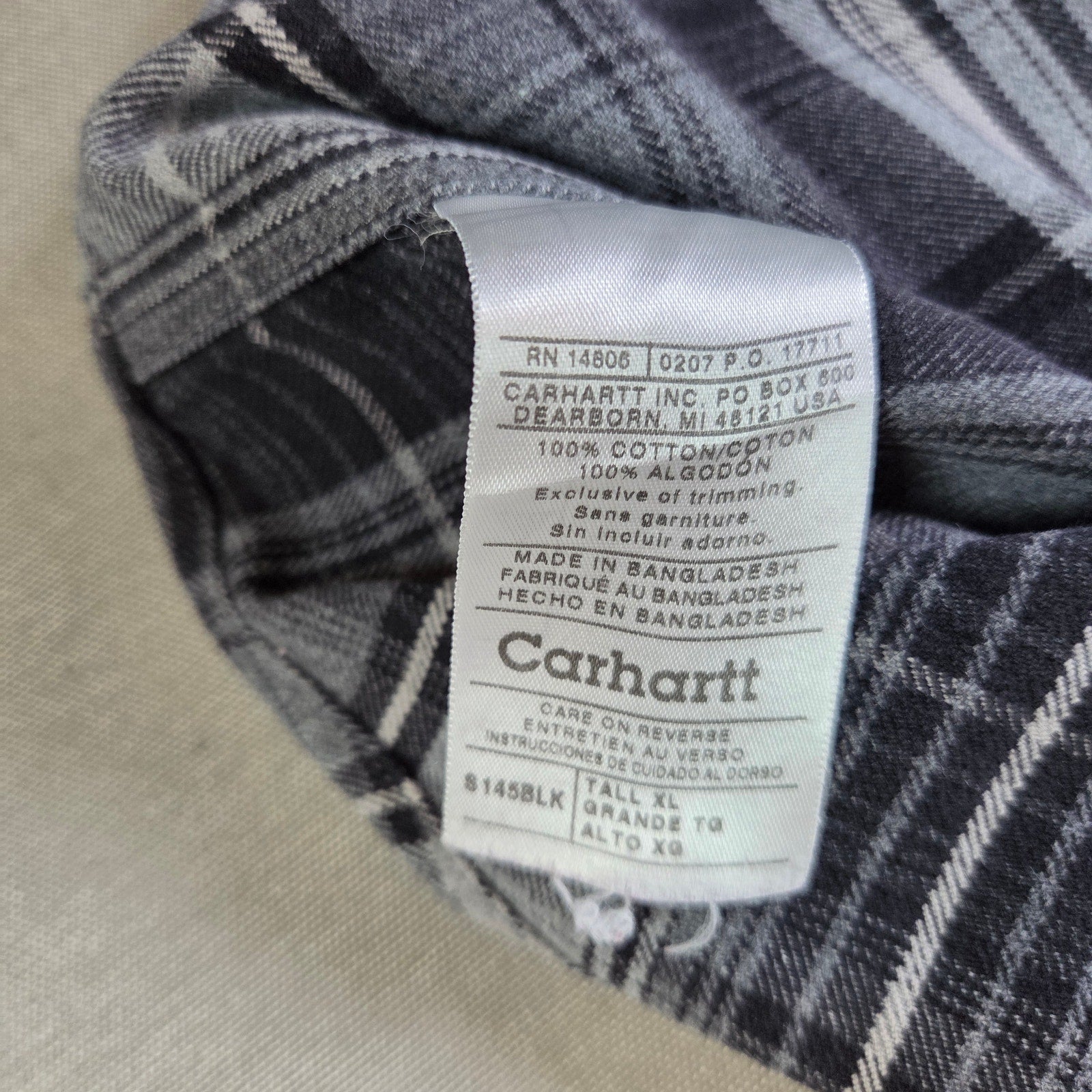 Carhartt XL Tall Heavyweight Plaid Flannel Work Shirt Gray 100% Cotton