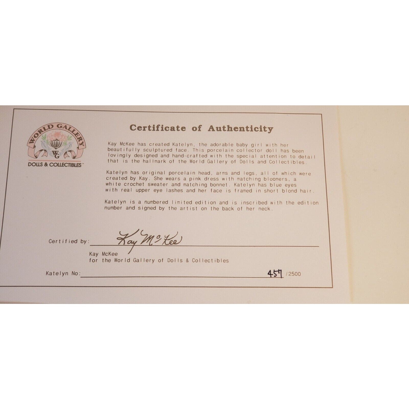 World Gallery Porcelain Doll "Katelyn" by Kay McKee 23" LE #457/2500 w/COA & Box