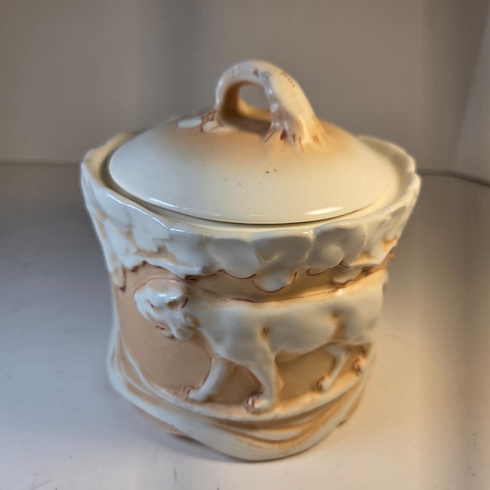 Vintage Czech Tobacco Jar Lion Motif Czecho-Slovakia Marked Ceramic 1920s