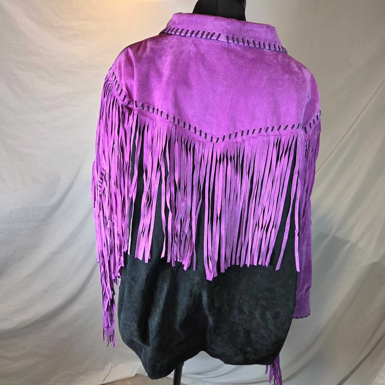 Bob Mackie Wearable Art 2X Leather Fringe Western Jacket Purple Black
