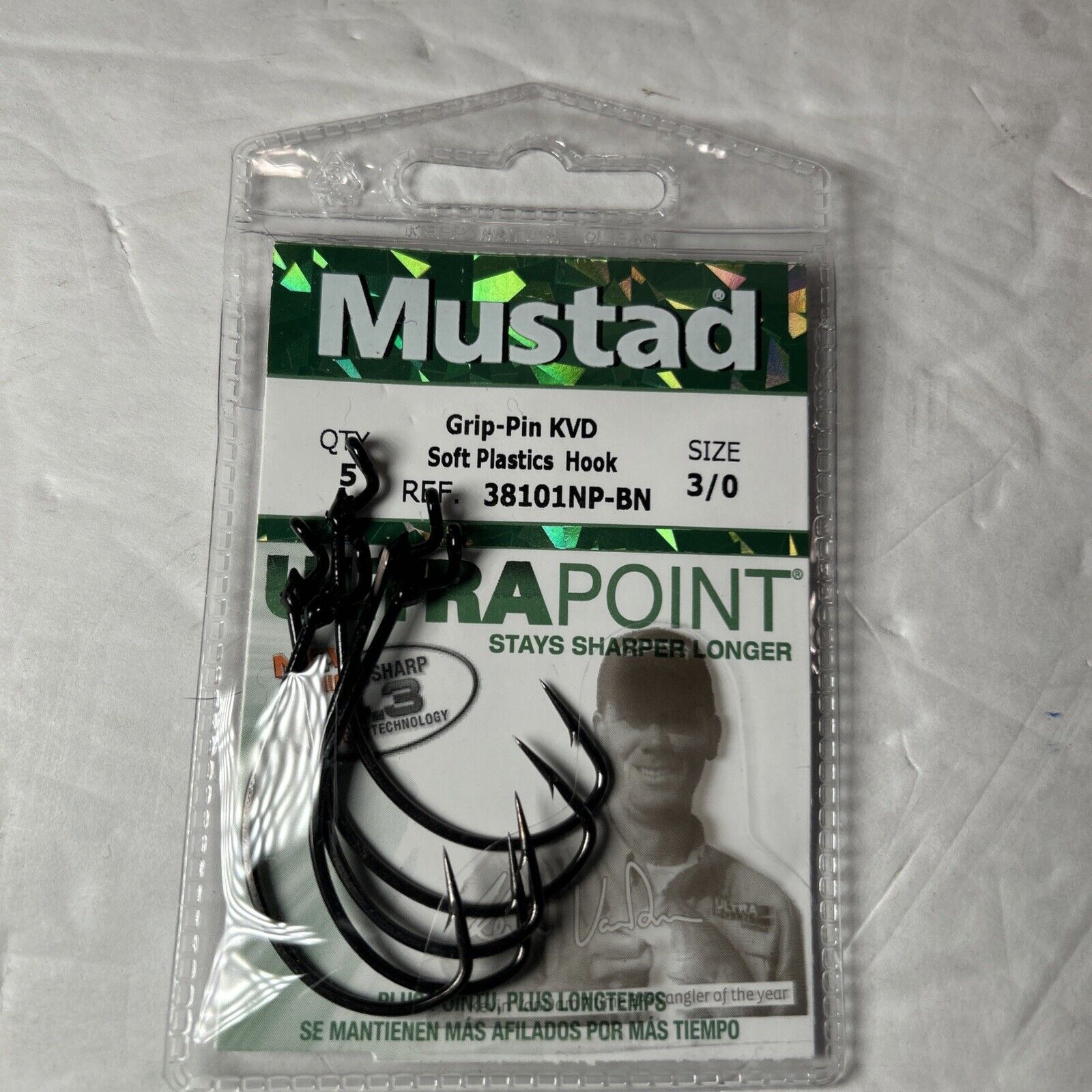 5 Mustad Grip-Pin KVD Soft Plastic Hooks 38101NP-BN Size 3/0