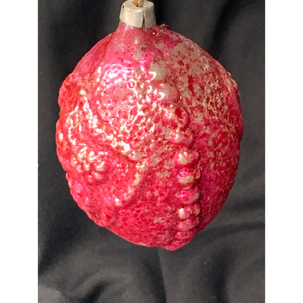 Vintage Embossed Glass Christmas Ornament Red Pink Silver Molded Design
